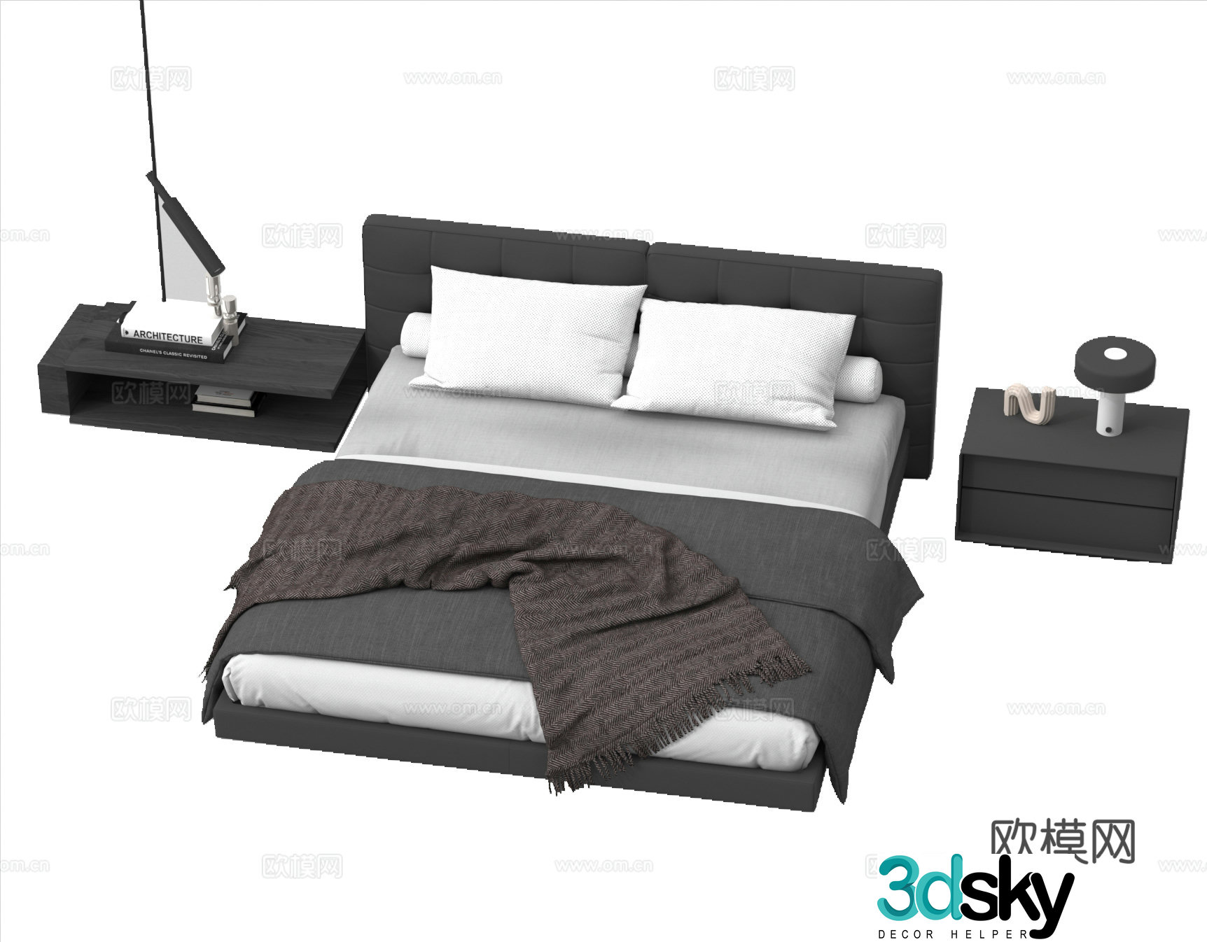 Double bed bedding bedside table 3d model