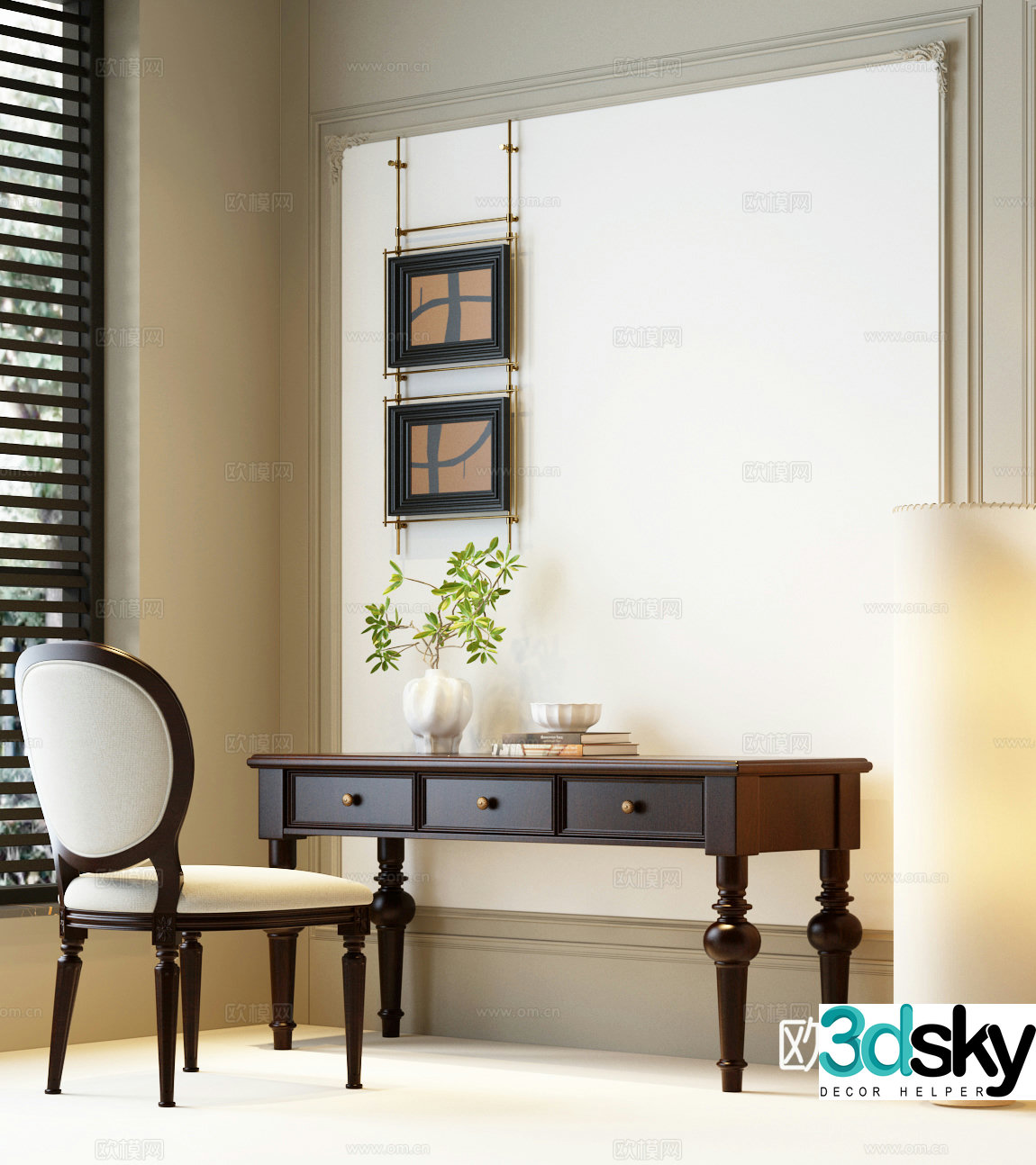 American desk and chair combination decorative painting floor lamp desk ornament modern American desk and chair 3D model