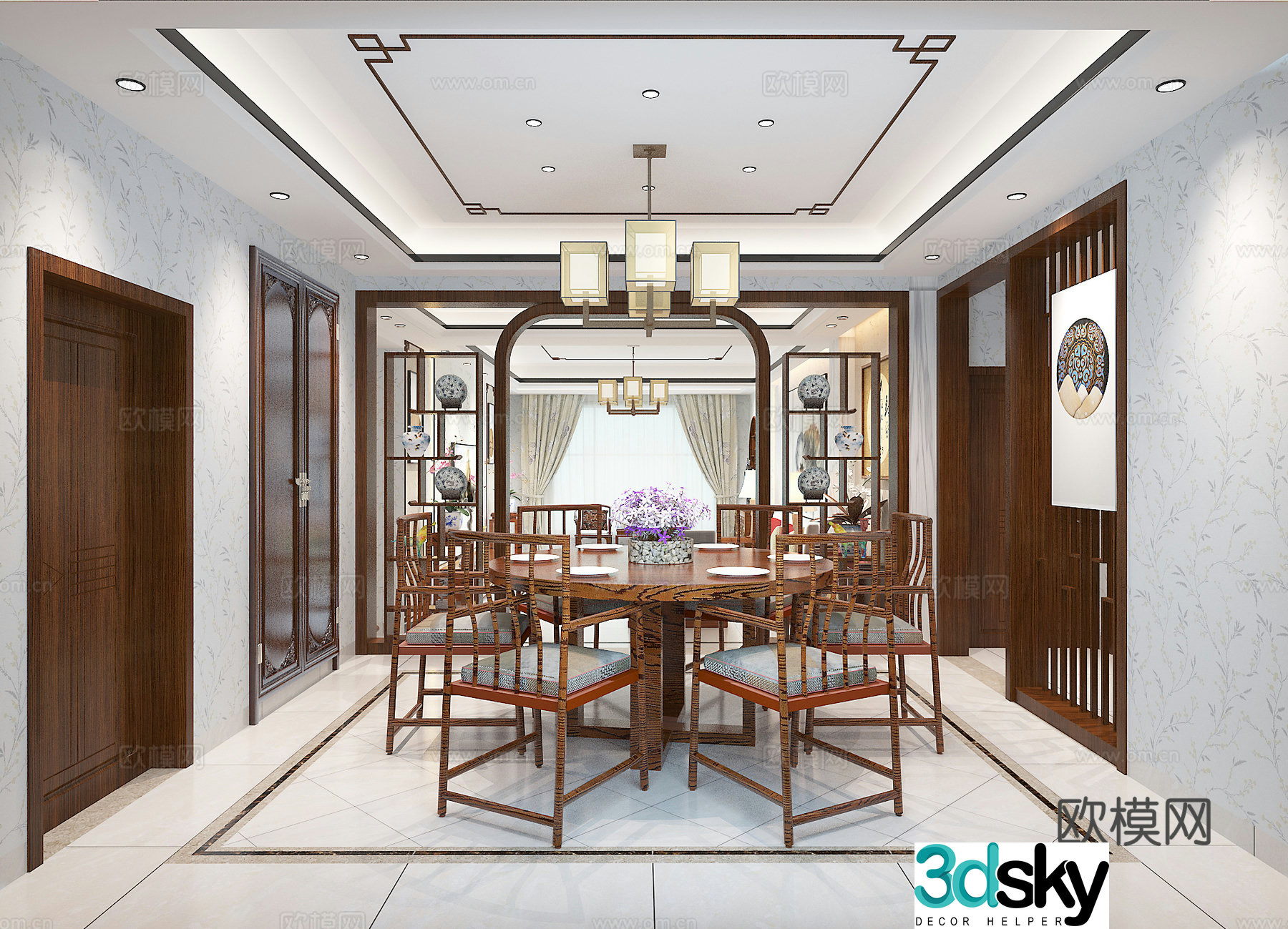 New Chinese style living and dining room sofa and coffee table dining table and chair chandeliers TV cabinet entrance cabinet 3D model