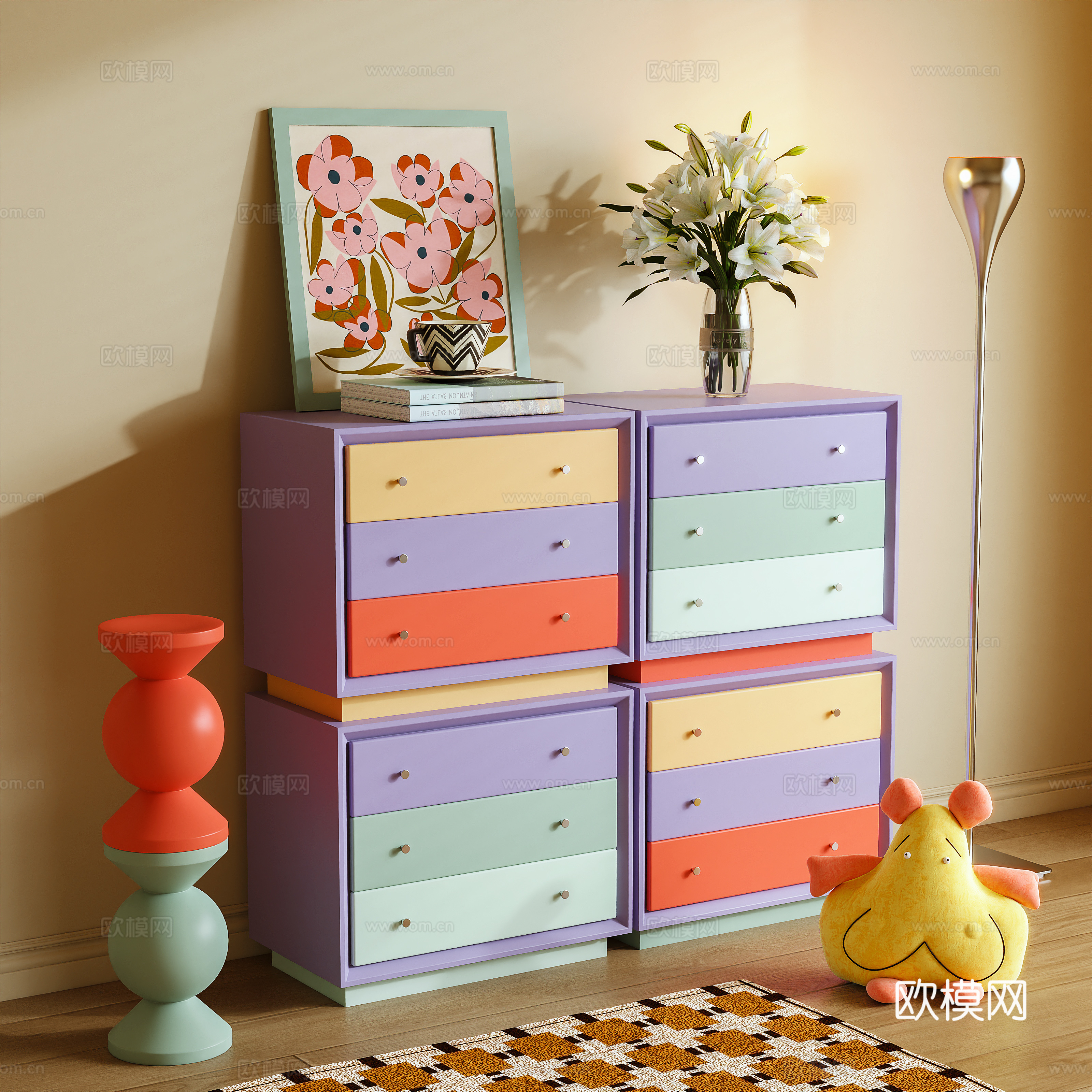 Modern storage cabinet side cabinet combination cabinet dopamine 3D model