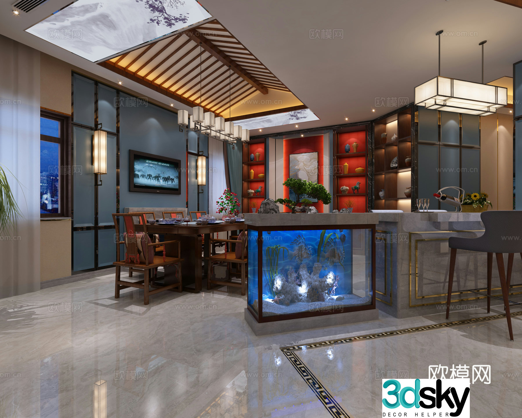 New Chinese style living and dining room entrance aisle chandeliers sofa dining table and chairs fish tank 3D model