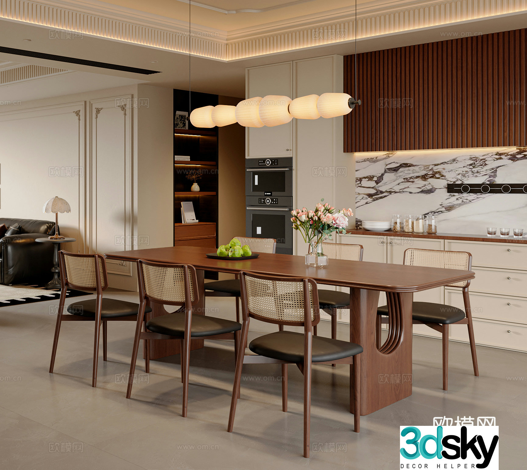 French medieval dining table and chair combination chandelier sideboard dining table French restaurant sofa 3d model