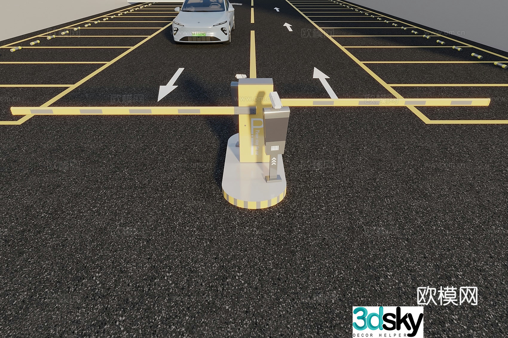 Gate railing, swing gate, access gate, car, outdoor parking lot 3d model