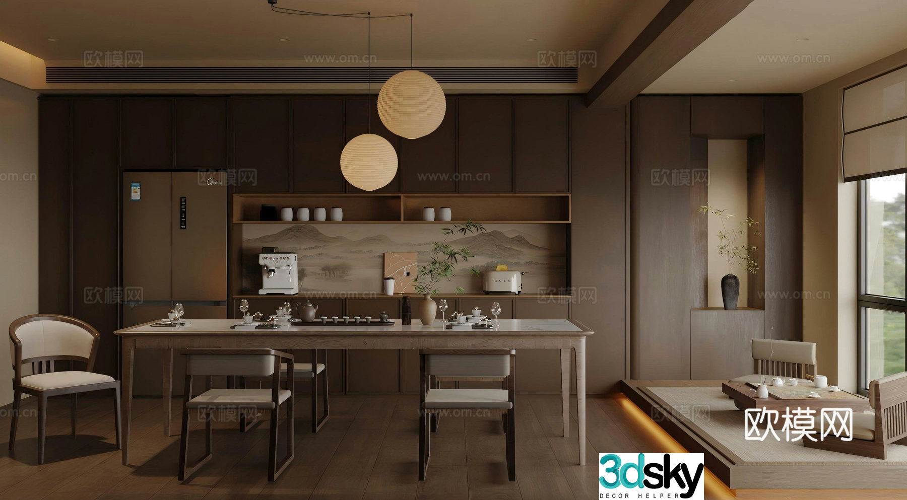 New Chinese Zen Restaurant Solid Wood Dining Table and Chair Combination Sideboard Tea Cabinet Tea Cabinet Tea Cabinet 3D Model