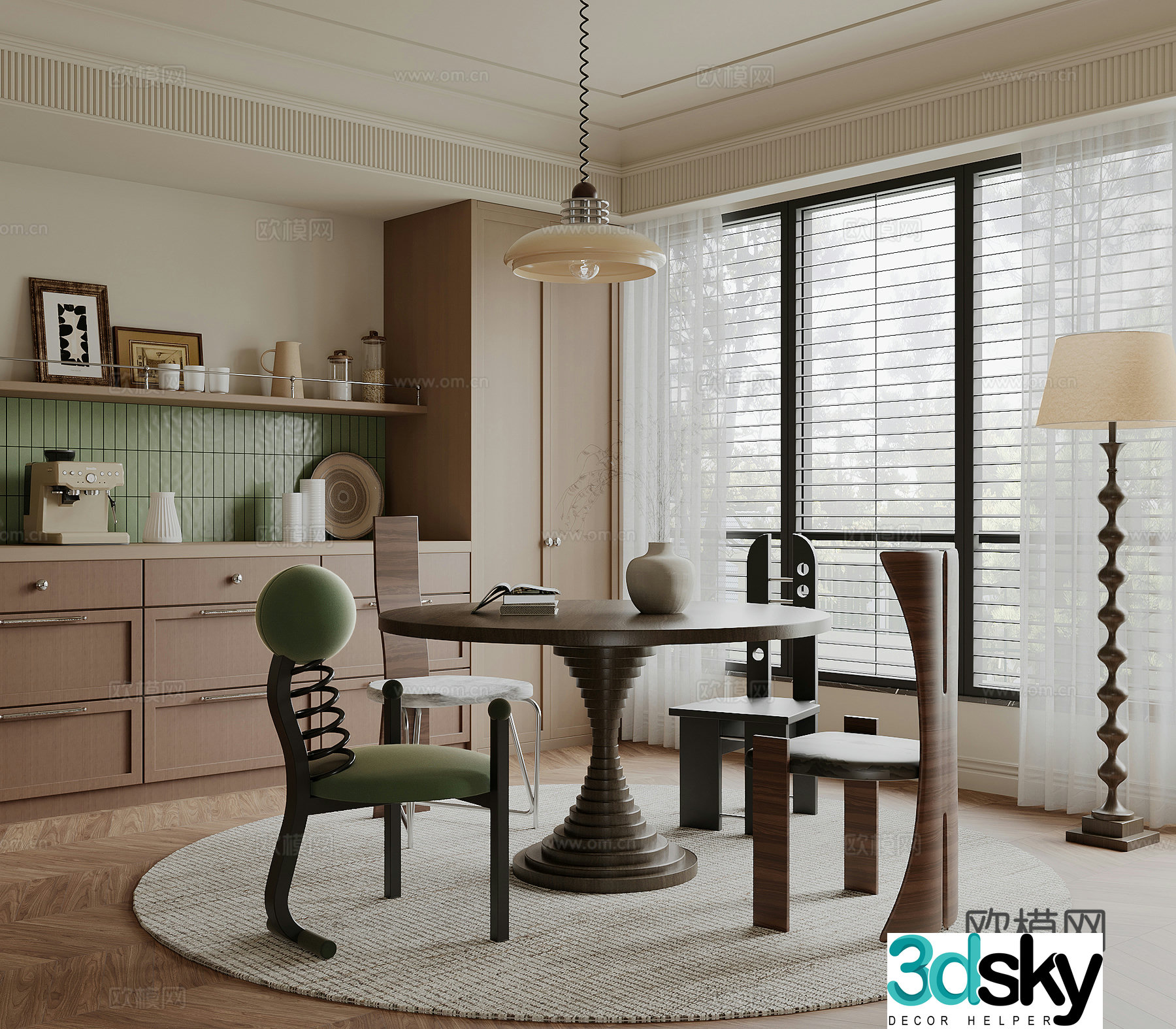 Middle style restaurant round dining table and chair 3D model