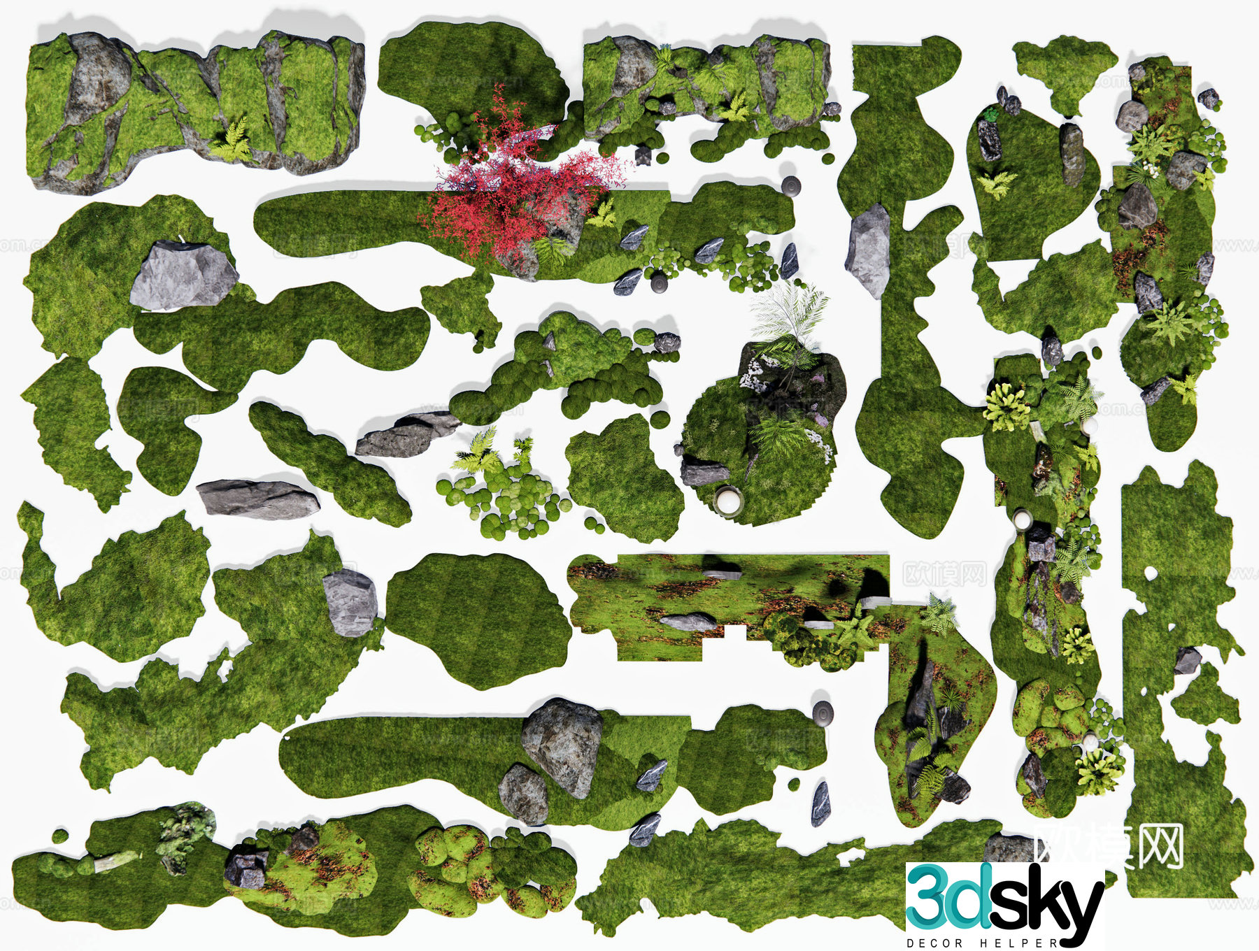 New Chinese style micro-terrain dry landscape garden sketch moss landscape green island slope 3D model