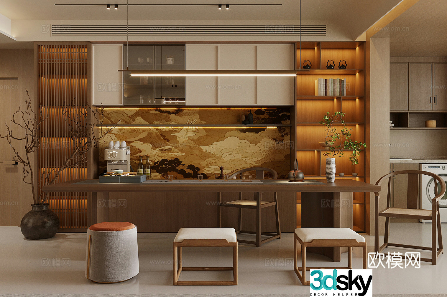 New Chinese Zen Tea Room Tea Tasting Area Song-style Aesthetic Tea Room Balcony Tea Room Chinese Tea Cabinet 3D Model