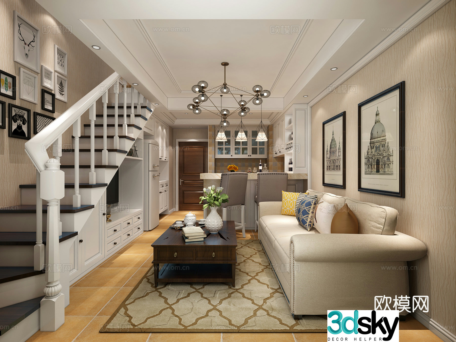 American simple living dining room sofa chandeliers open kitchen stairs curtains bar 3d model