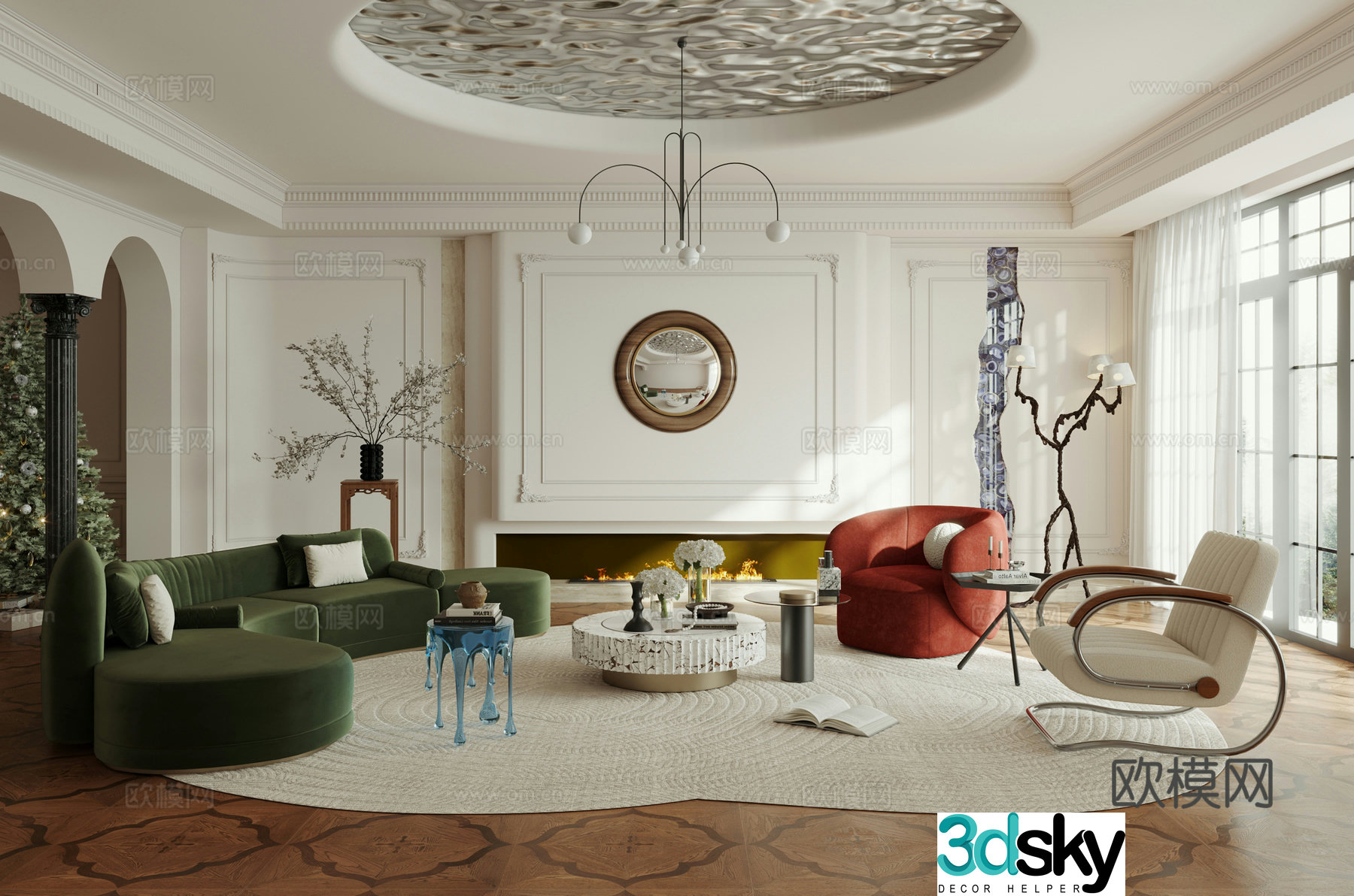 French home living room horizontal hall large flat floor French creamy living room 3d model