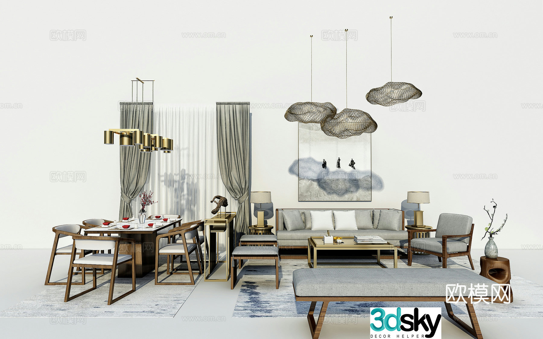 New Chinese style living and dining room sofa single chair side several chandeliers dining table chair collapse carpet hanging painting curtain decoration combination 3D model
