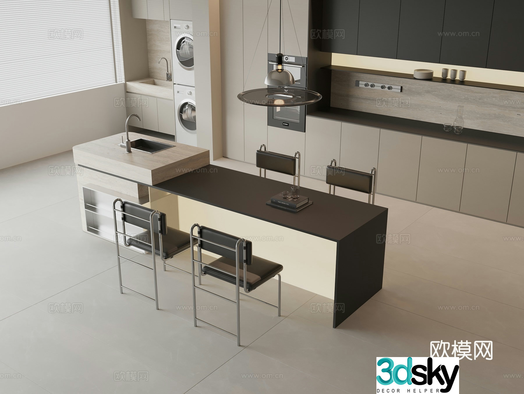 Modern water bar dining table and chairs Zhongdao water bar dining table solid wood sideboard washing machine combination cabinet 3D model