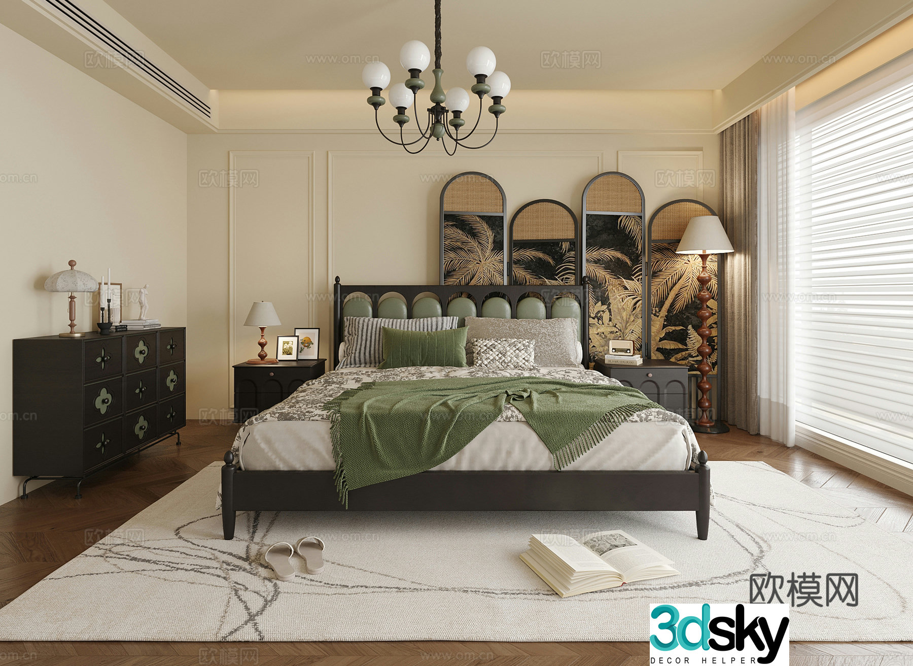 French bedroom double bed nightstand floor lamp bedside chandelier 3d model