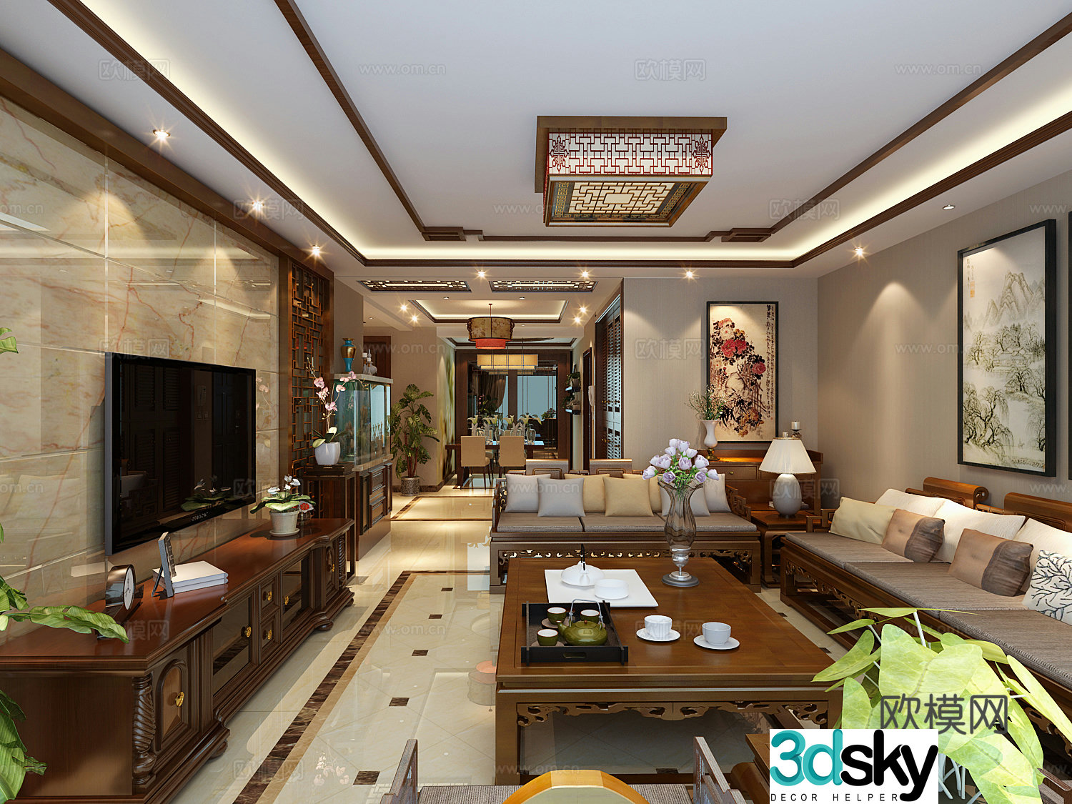 New Chinese style living and dining room chandeliers table lamp multi-person sofa single sofa coffee table decorative cabinet 3D model