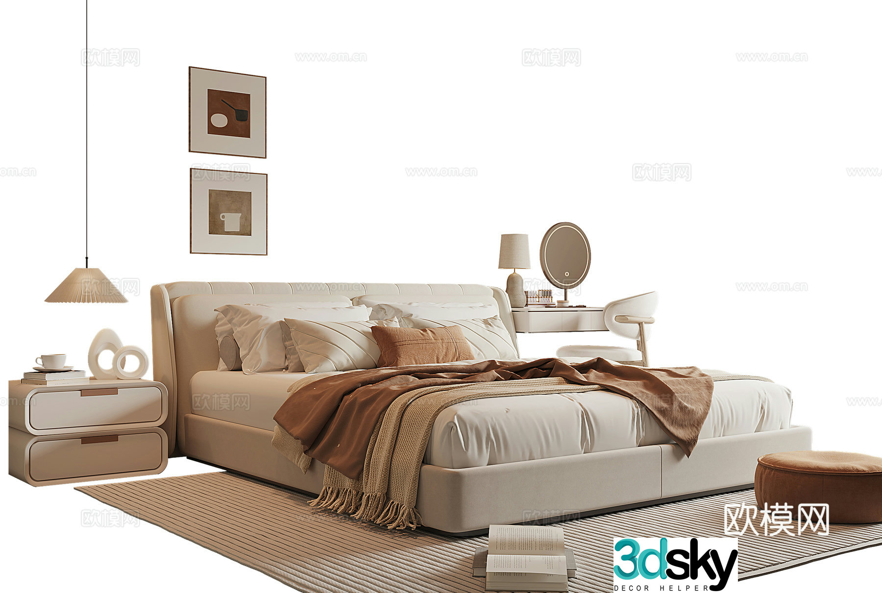 Modern cream style double bed 3d model