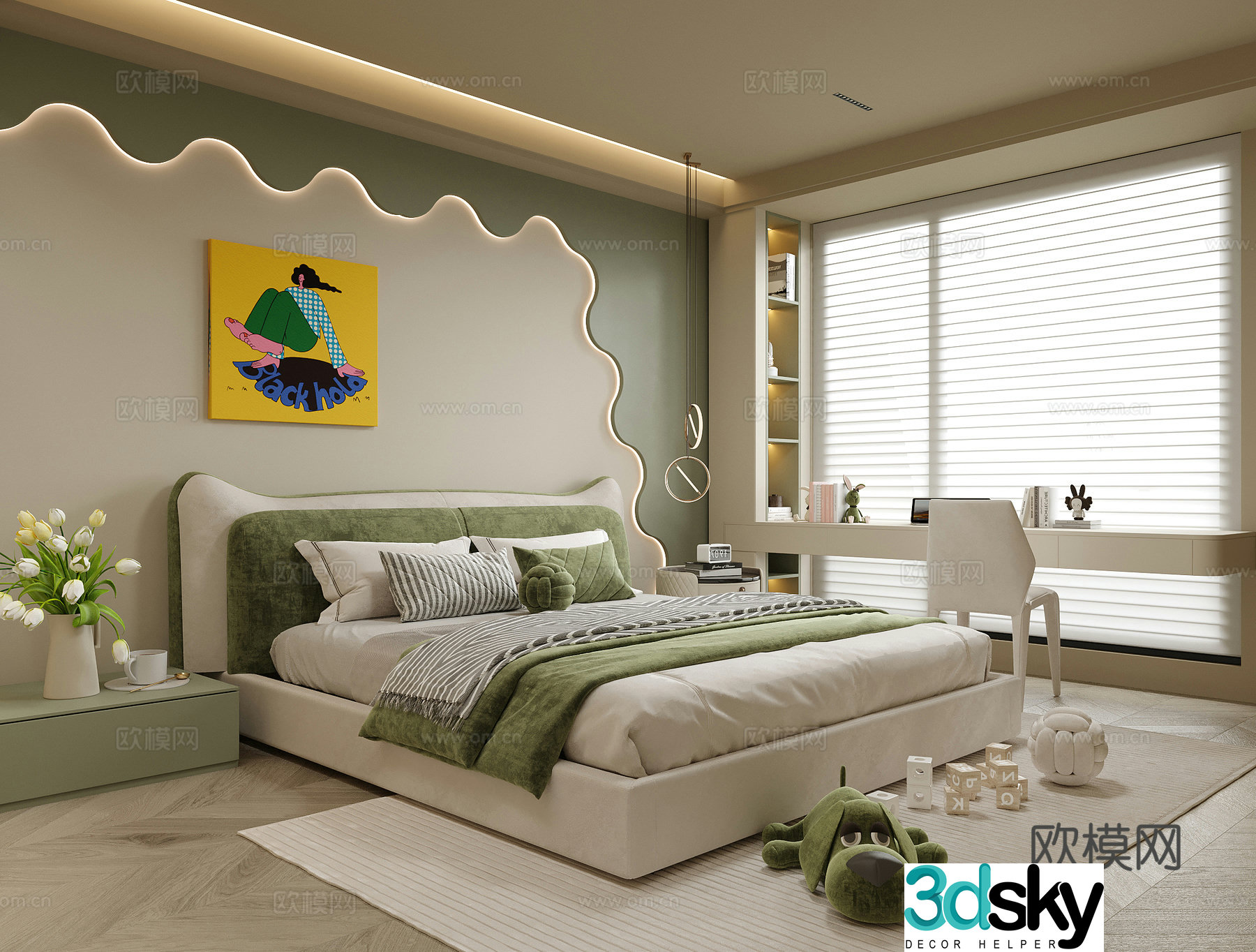 Modern universal children’s room girls’ room children’s bed children’s desk and chair 3d model