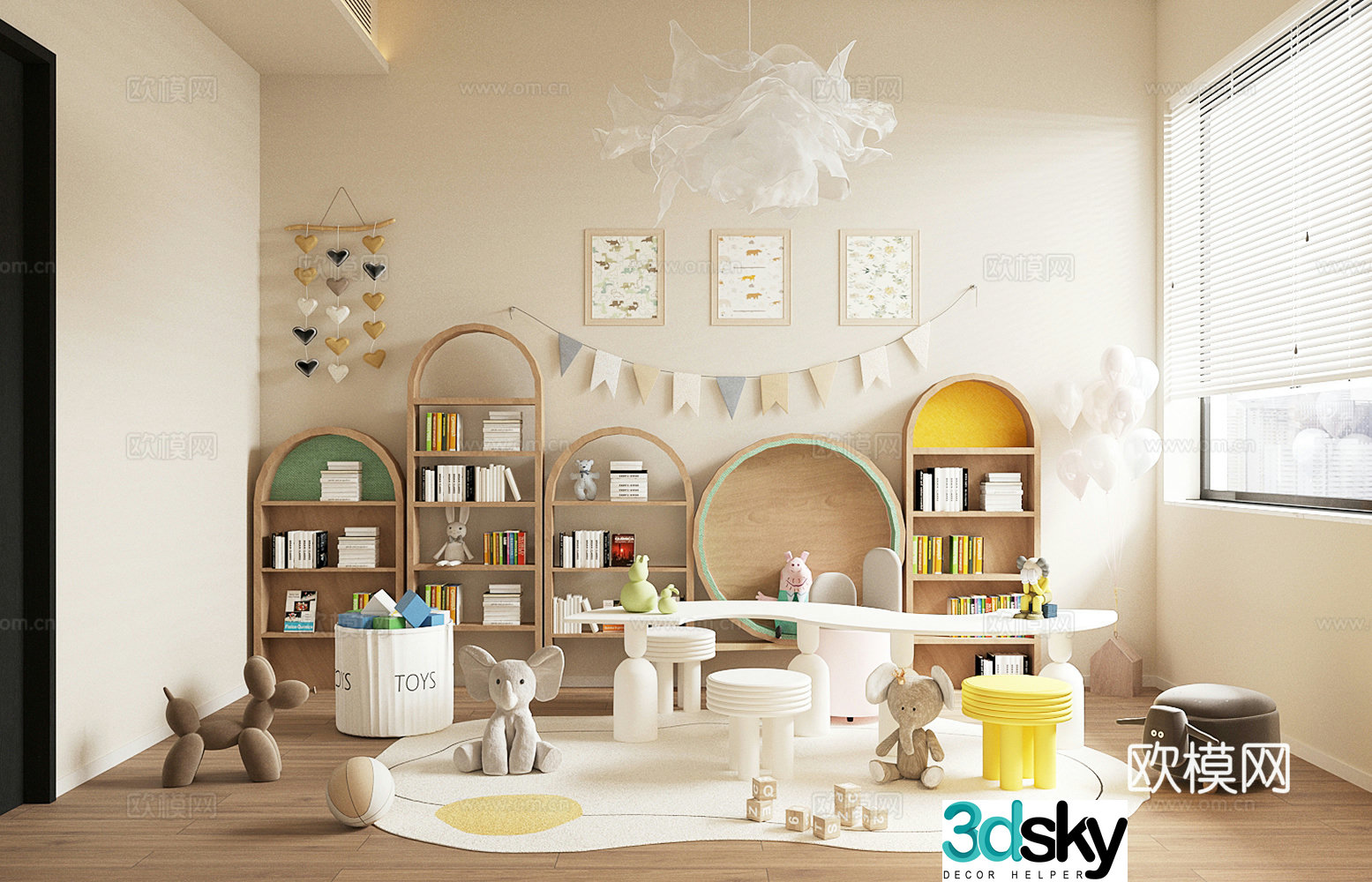 Modern children’s entertainment room Toy room Children’s bookcase Children’s activity table and chairs Toy doll combination 3D model