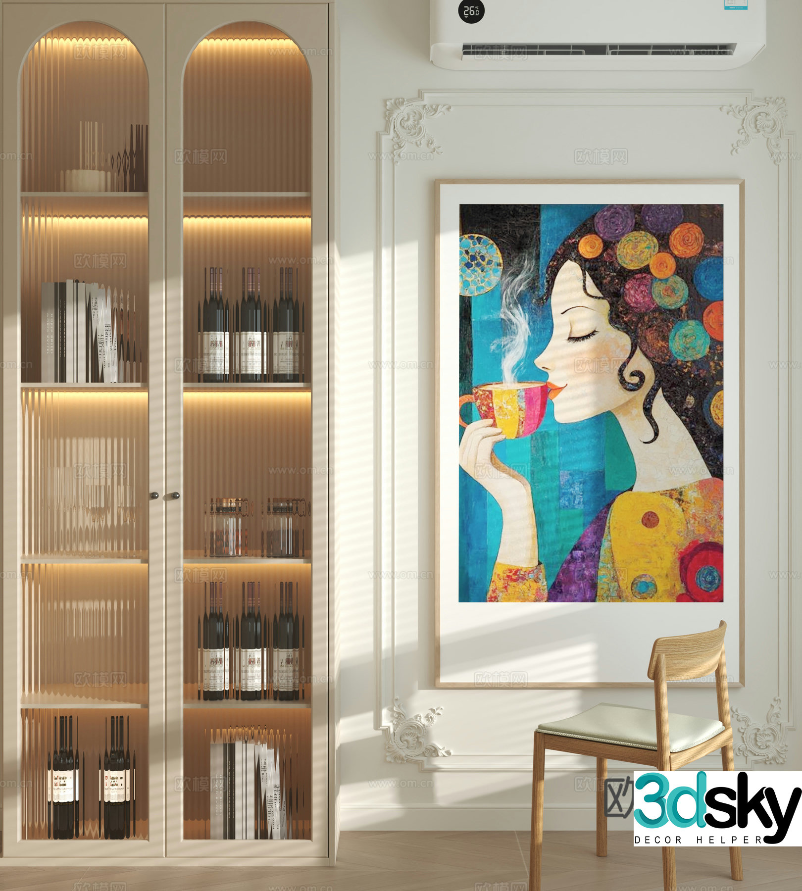 Creamy Wind Wine Cabinet Decorative Painting Combination 3D Model