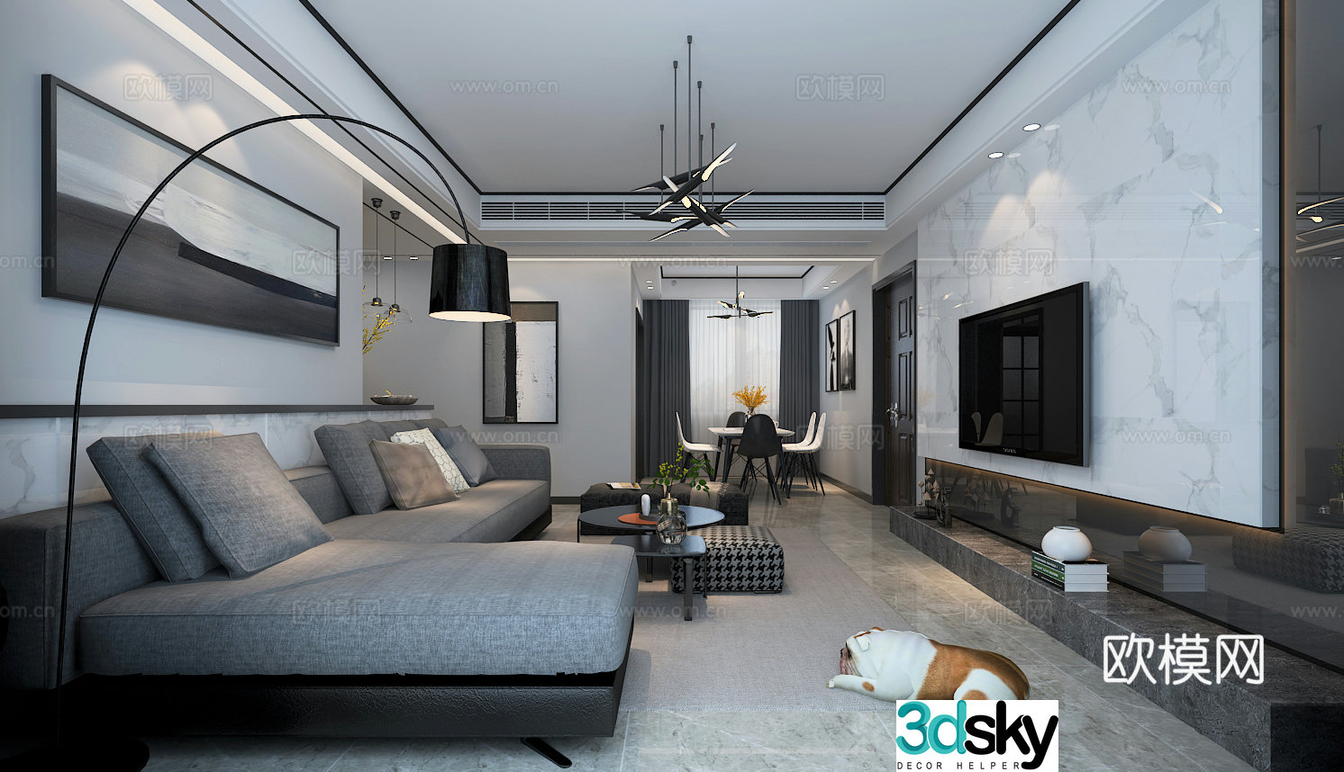 Modern home model download Sofa coffee table Dining table chair Living room Chandelier Hanging painting 3D model
