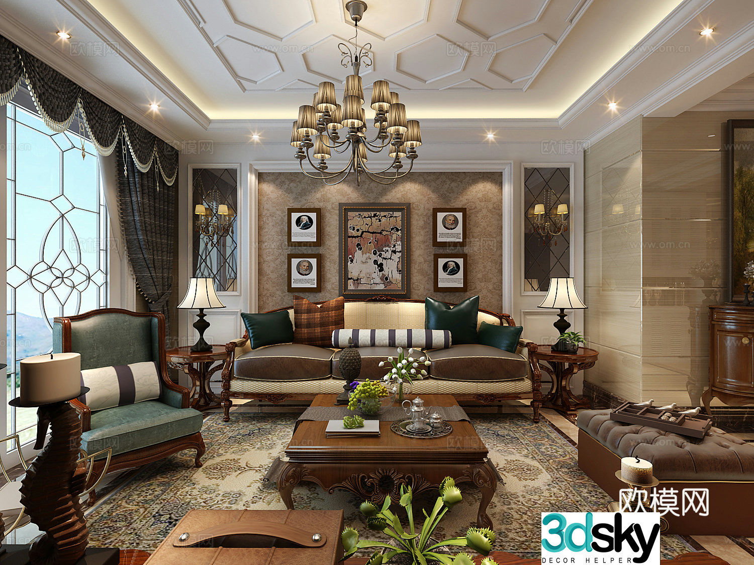 European classical living room chandeliers desk lamp multi-person sofa single sofa coffee table 3D model