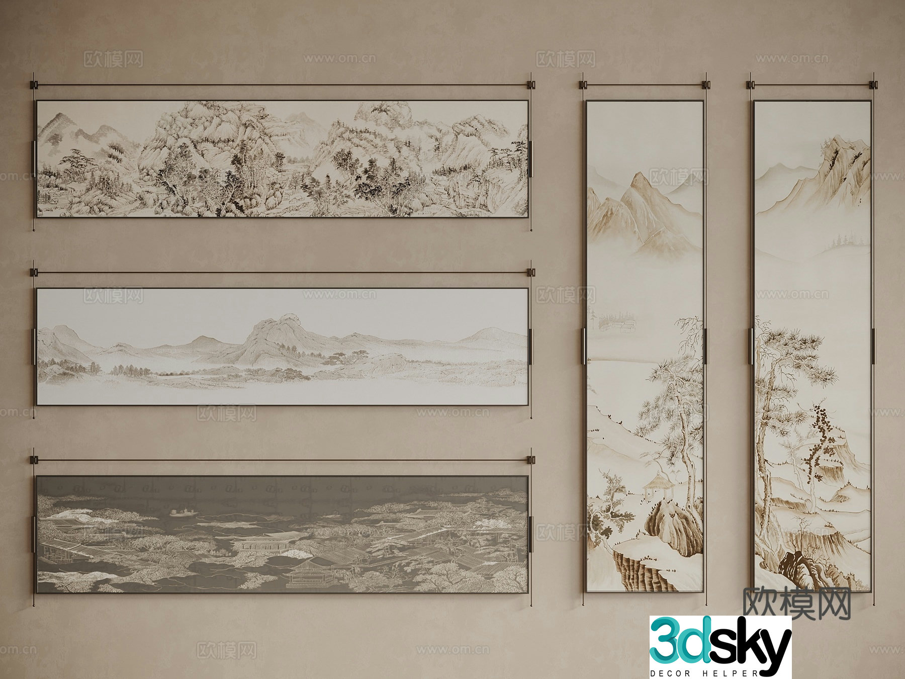 Middle Ages New Chinese Style Hanging Painting Picture Frame Study Hanging Painting Tea Room Hanging Painting Living Room Hanging Painting 3D Model