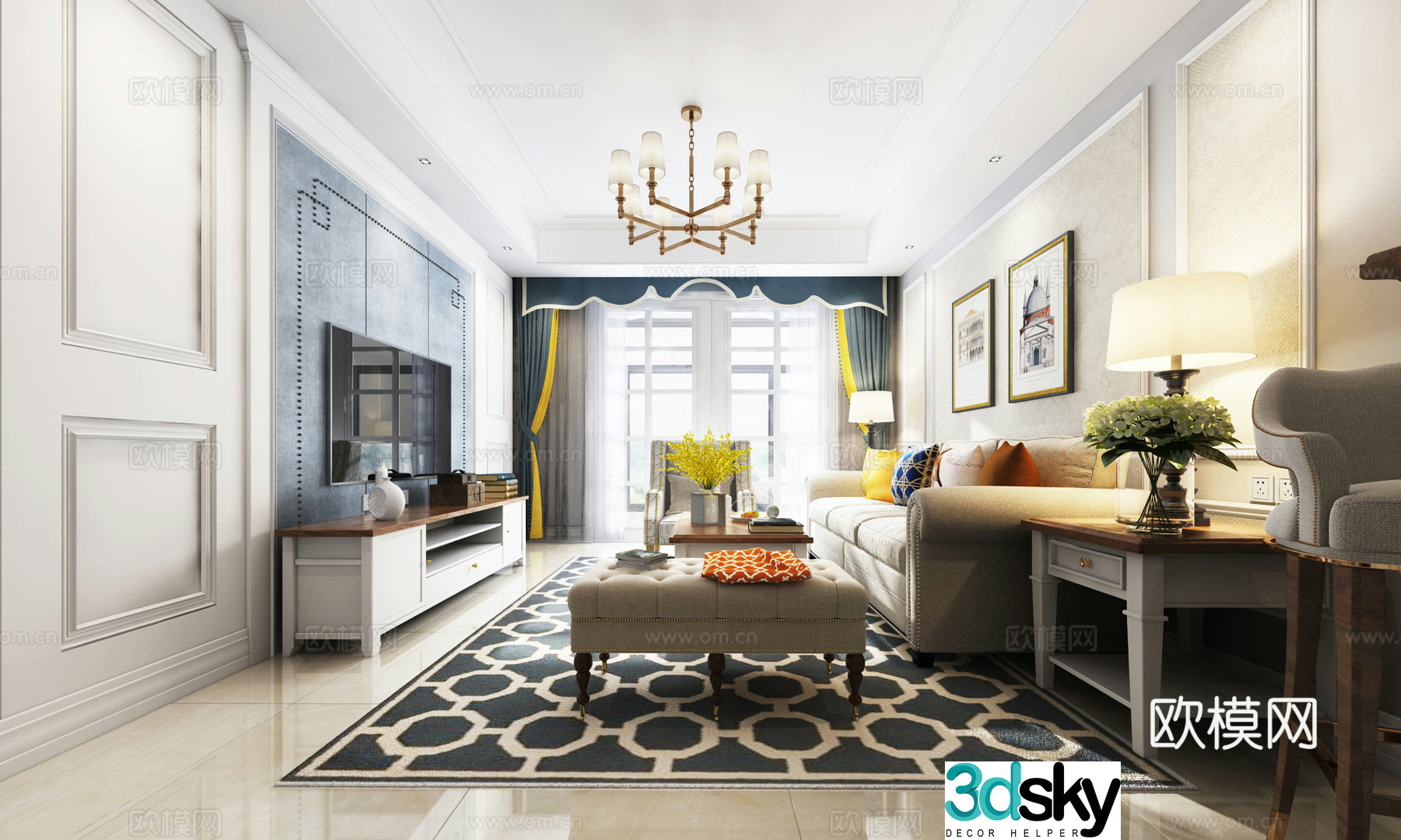 American style living and dining room background wall sofa 3d model