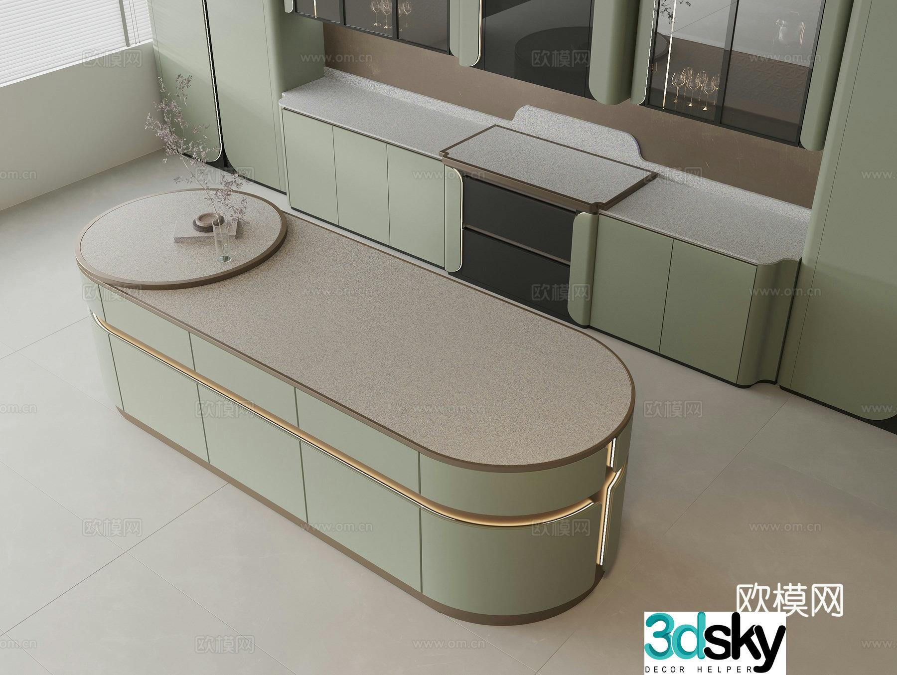 Modern bar Nakajima bar Round bar Modern sideboard Vase branches 3D model