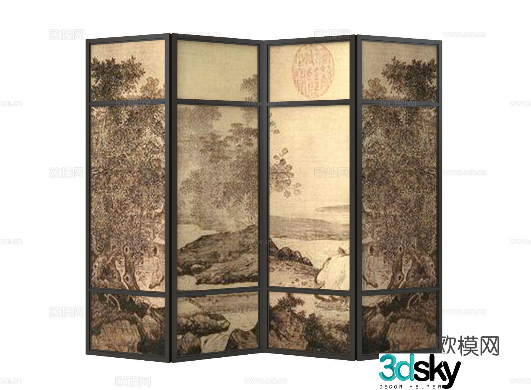 Folding screen mural screen partition ink painting screen 3d model
