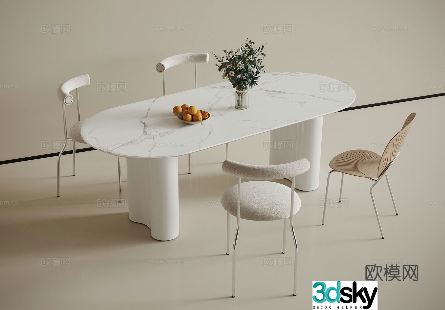 Modern cream dining table and chair combination 3D model