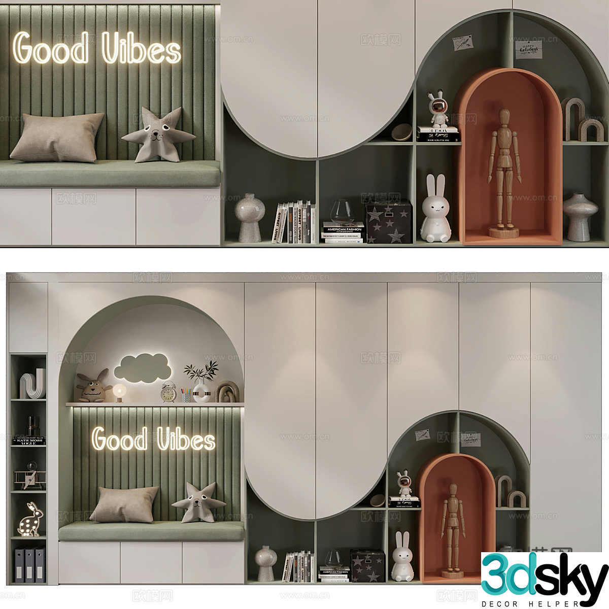 Modern Italian cream style children’s wardrobe children’s bookcase combination 3D model