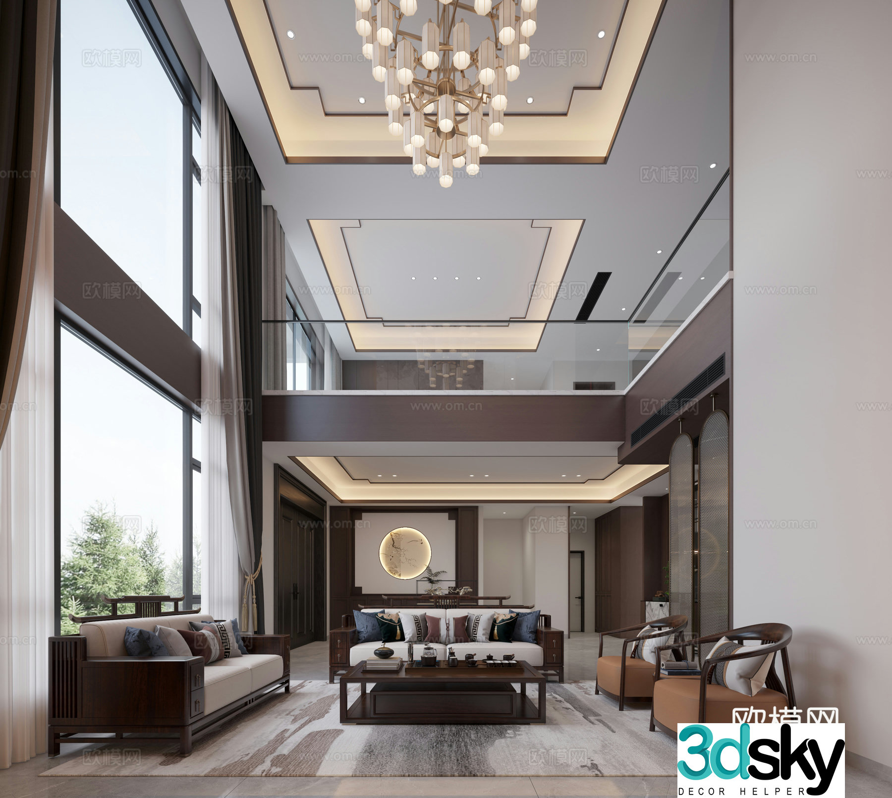 New Chinese style empty living room Chinese style villa living room New Chinese style villa entrance 3D model