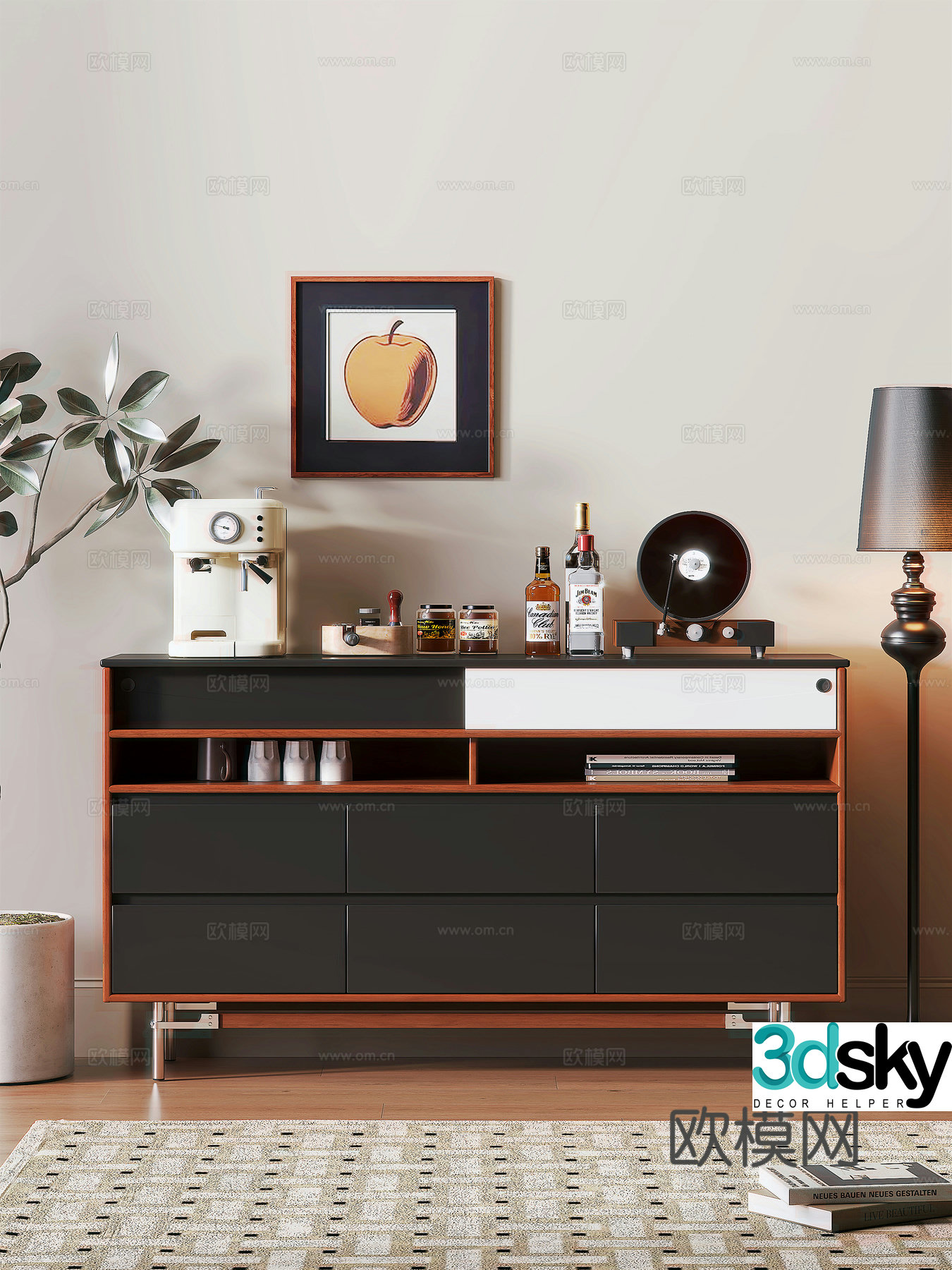 Modern medieval sideboard potted green plants coffee maker floor lamp sideboard ornaments decorative painting 3D model