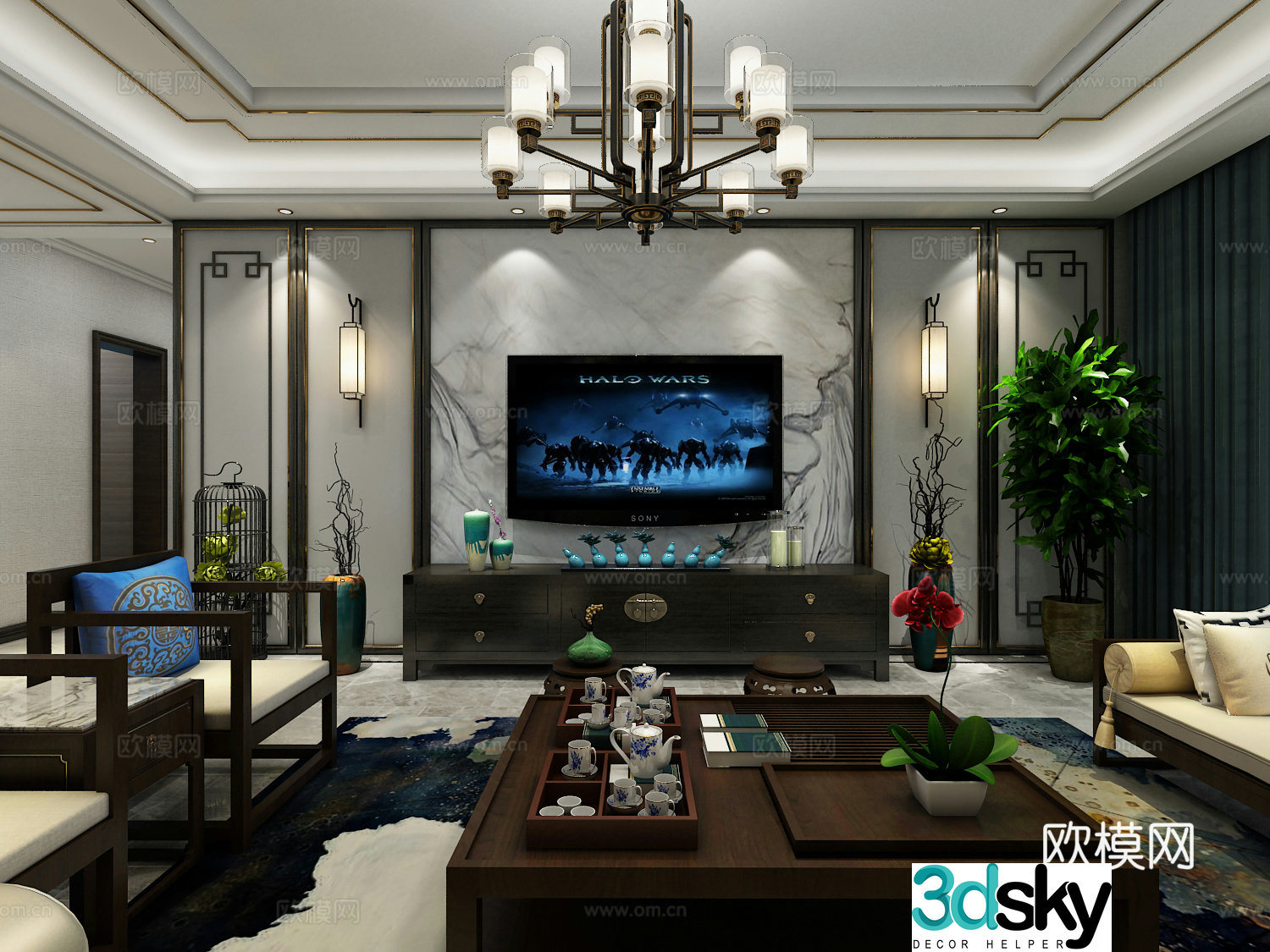 New Chinese style living and dining hall entrance chandeliers desk lamp multi-person sofa single sofa coffee table 3D model