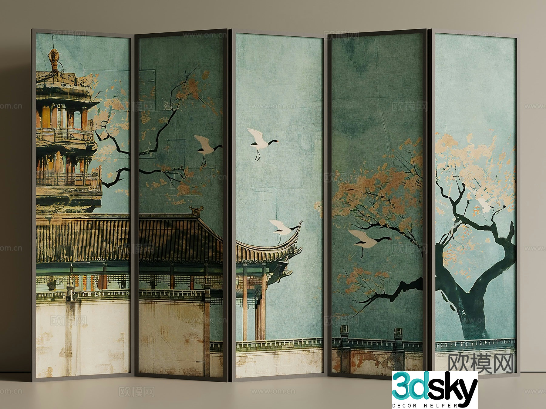 French New Chinese Screen Wooden Screen 3D Model
