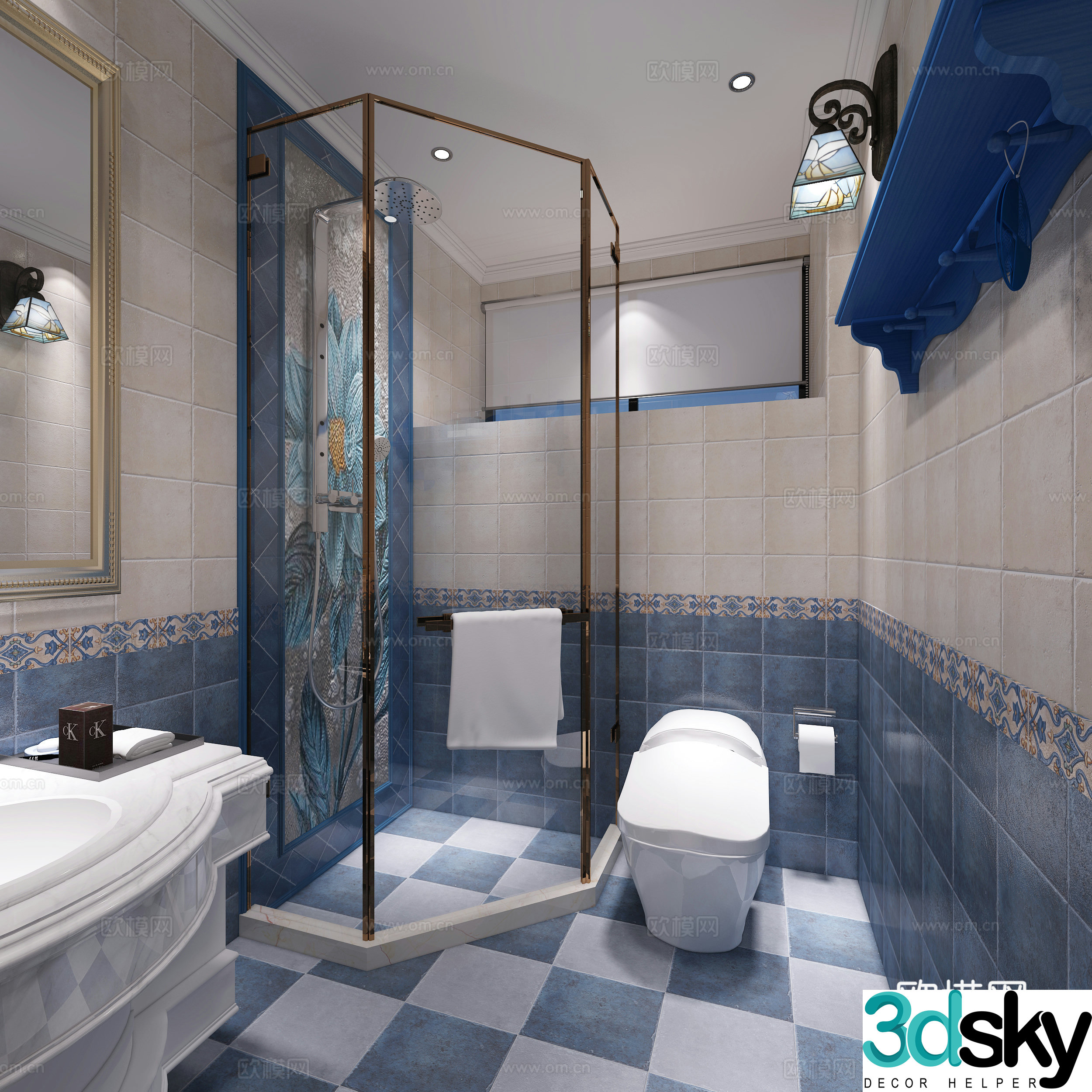 Mediterranean style bathroom shower toilet shower toilet wash basin dressing mirror 3d model