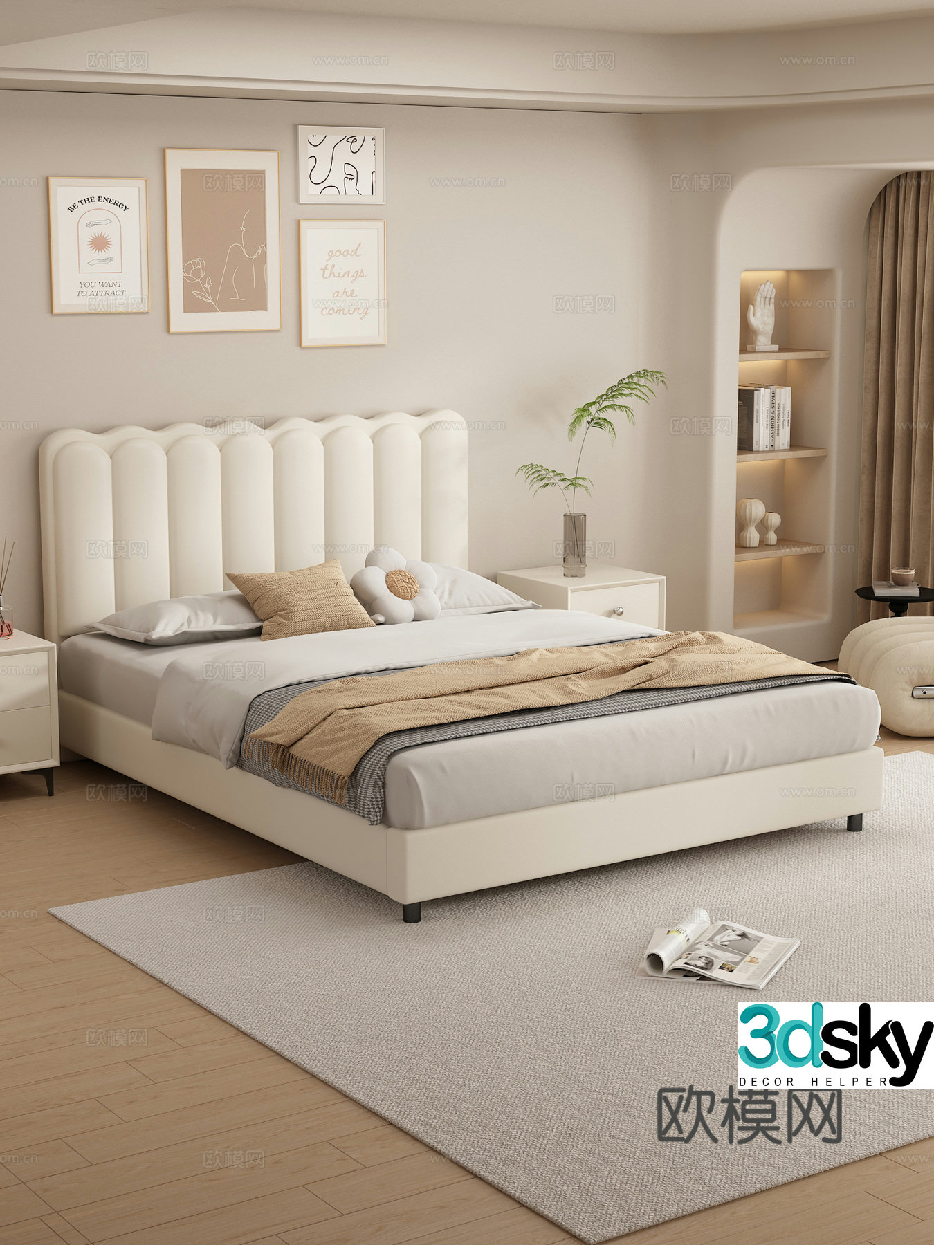 Double bed leather soft pack double bed cream style master bedroom bed bedroom nightstand 3D model