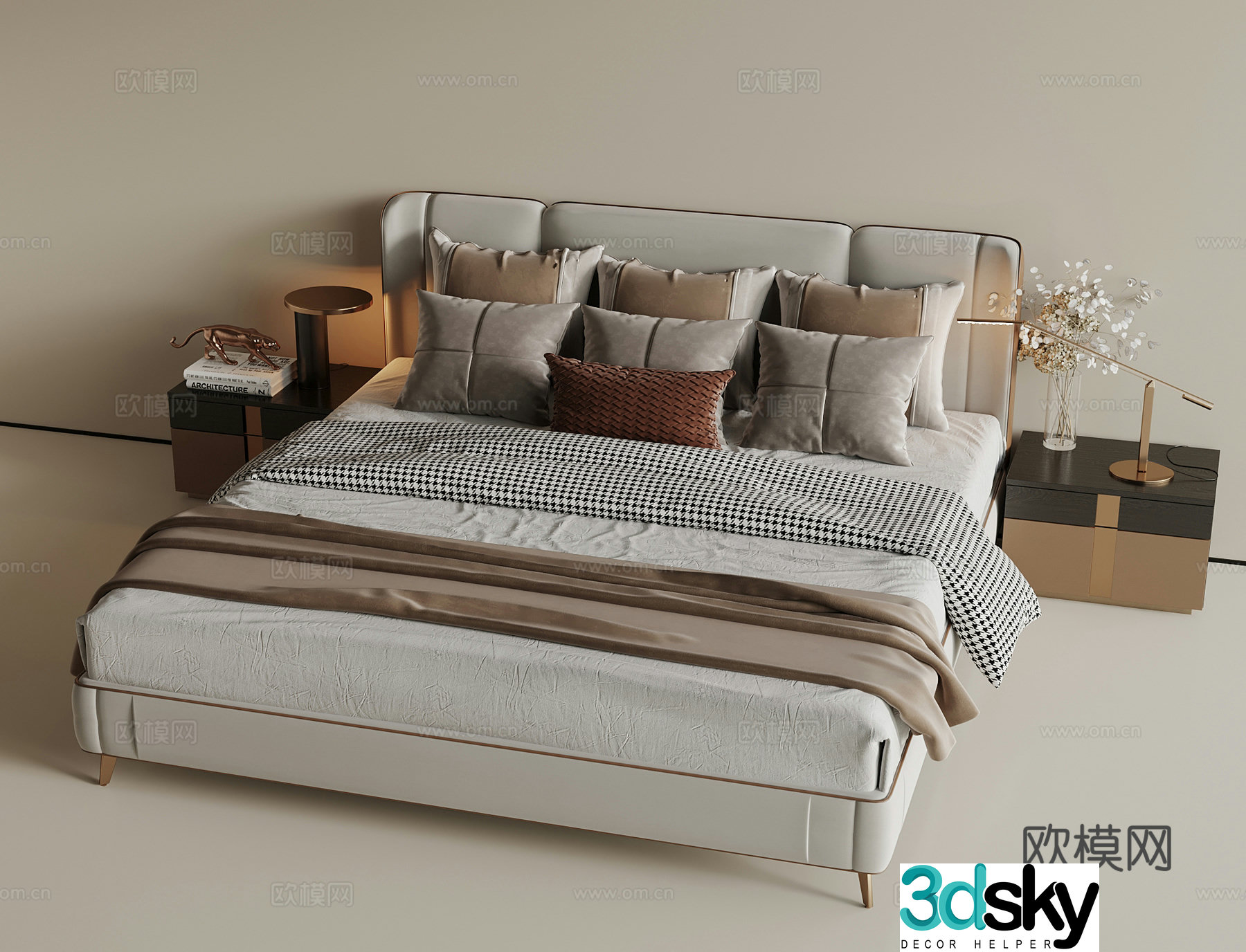 Modern light luxury double bed fabric double bed light luxury bed nightstand 3D model