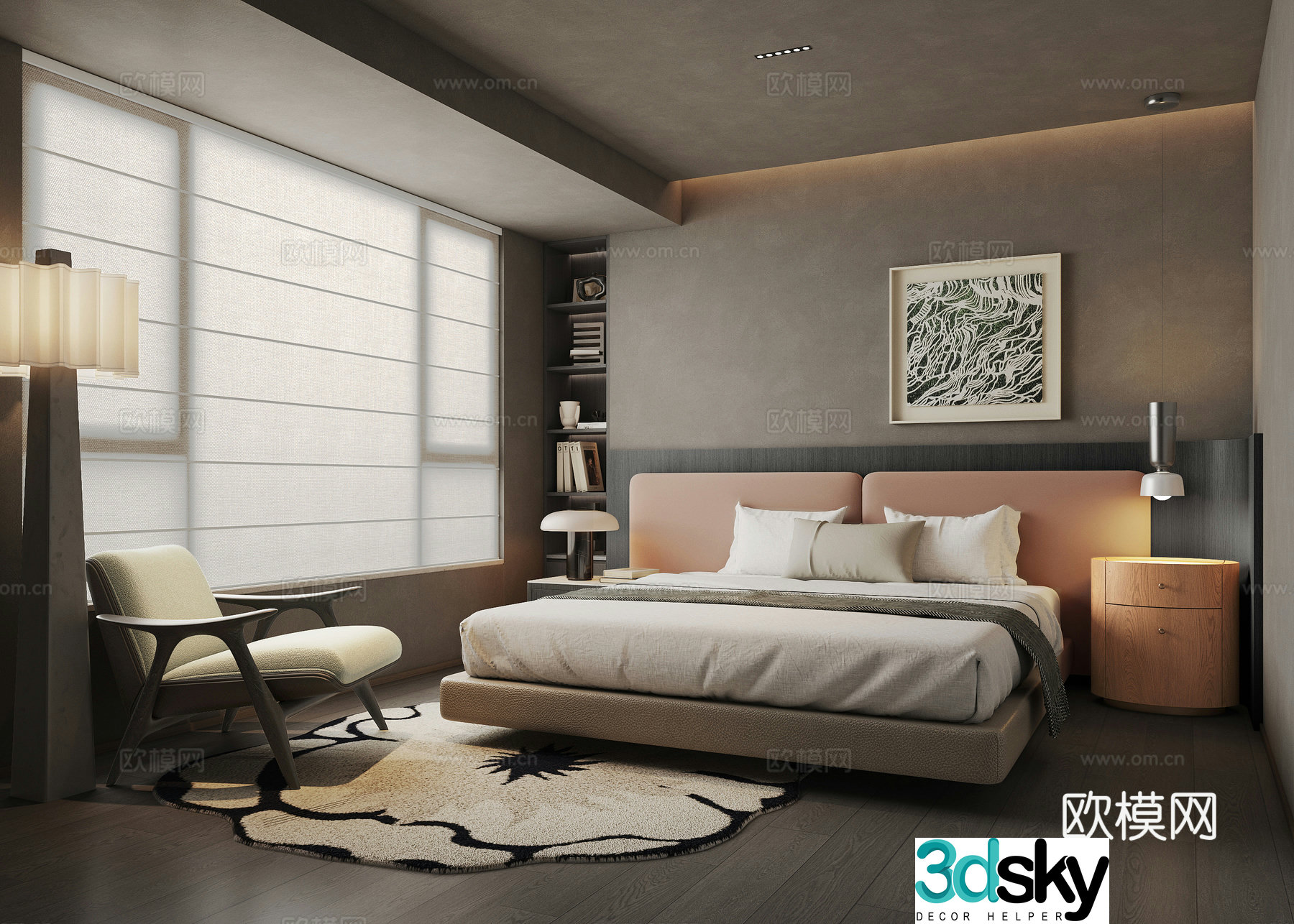 Modern minimalist bedroom double bed bedside table bed backrest chandeliers carpet jewelry ornaments 3D model