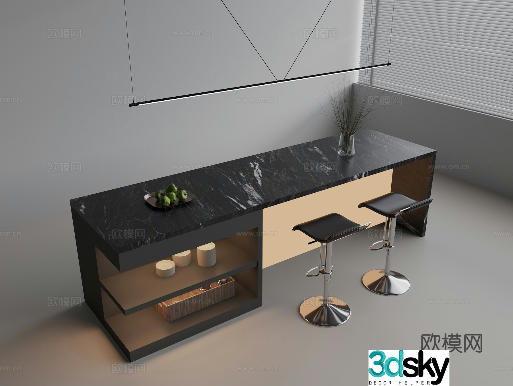 Marble bar Nakajima bar leisure bar chair metal chandeliers fruit tray vase branches 3D model