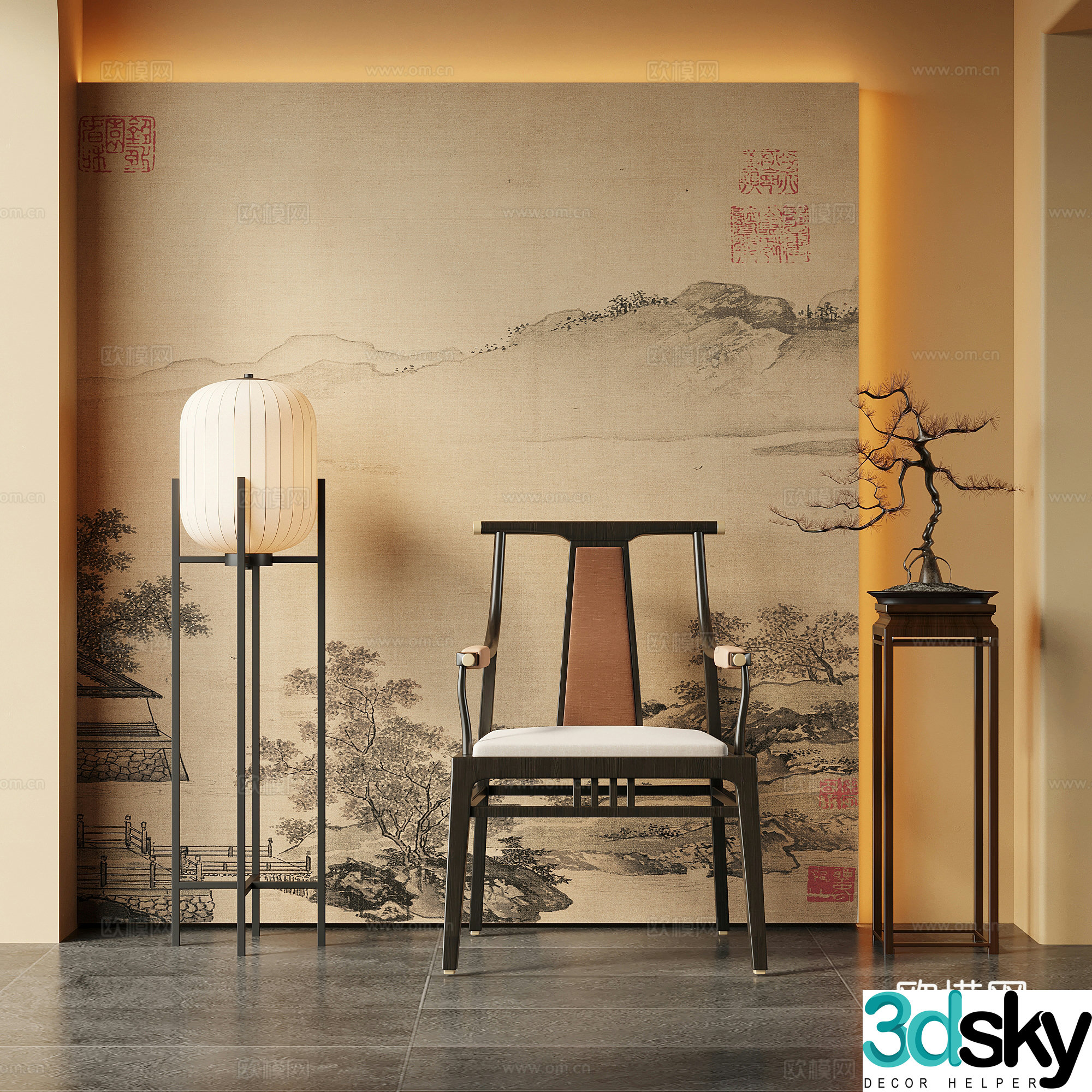 Dining chair New Chinese style leisure chair Dining chair Floor lamp Flower stand bonsai 3D model