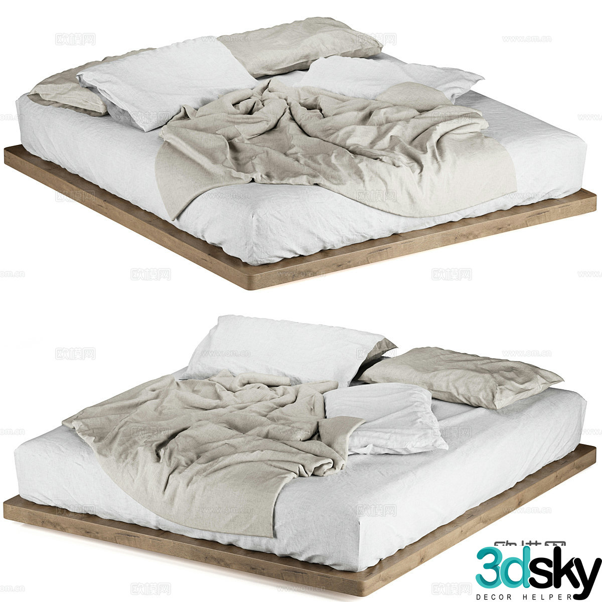 New Chinese style log style fabric double bed 3D model