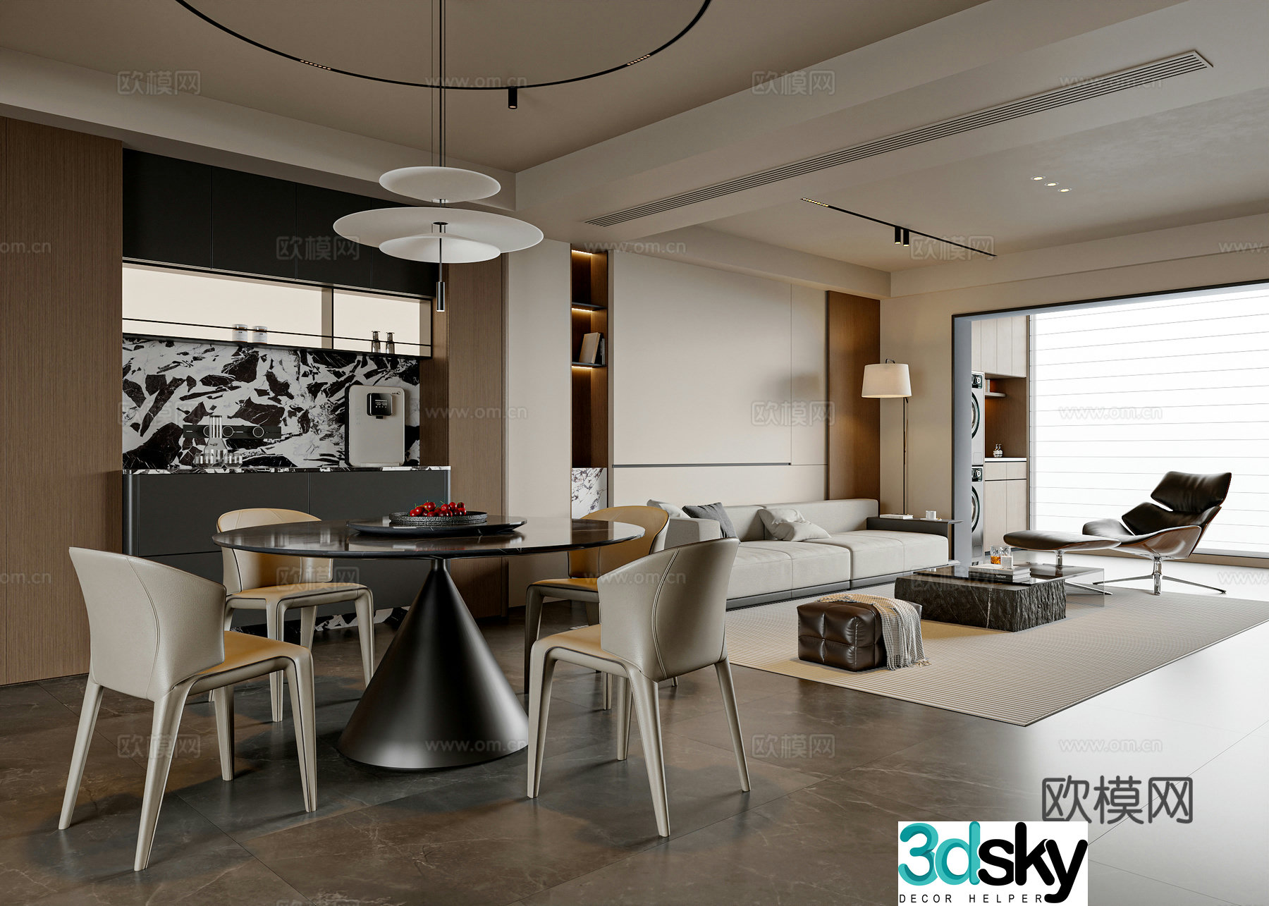 Modern simple living dining room round dining table and chair combination sideboard sofa and coffee table combination living room ornaments 3D model