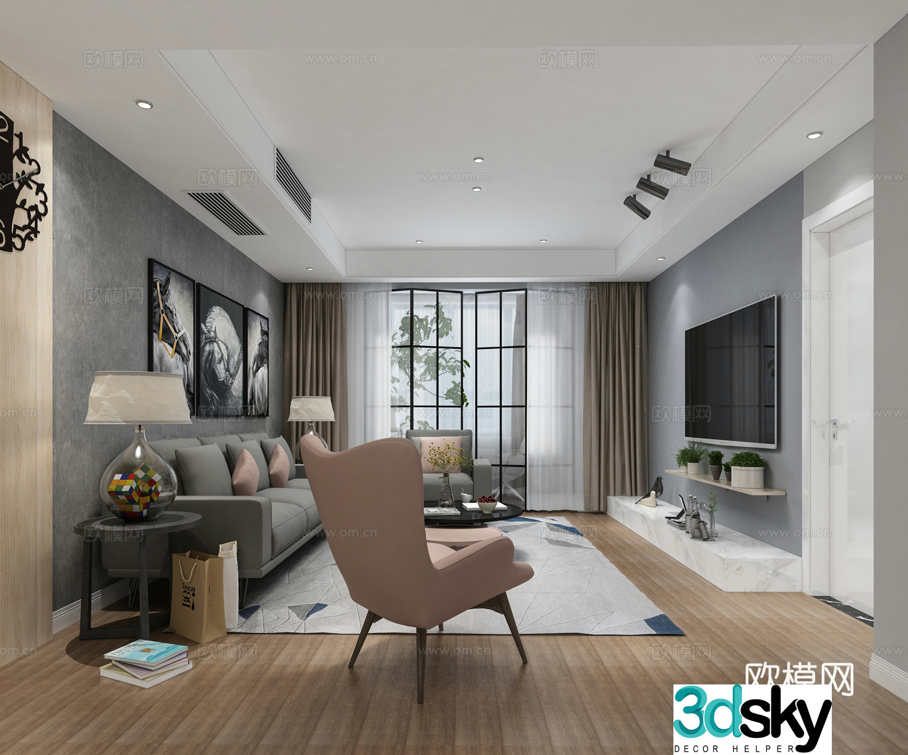 Nordic living room table lamp hanging painting multi-person sofa single sofa coffee table storage rack 3D model