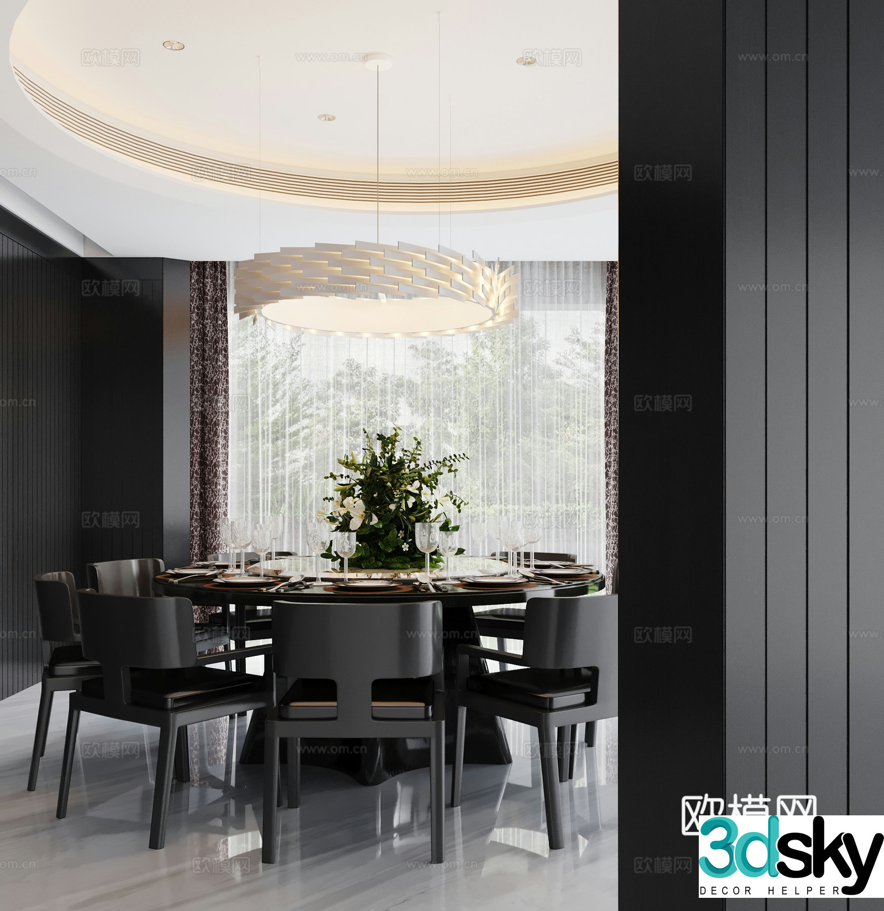 Modern restaurant private room dining table dining chair chandeliers new Chinese style villa restaurant 3d model