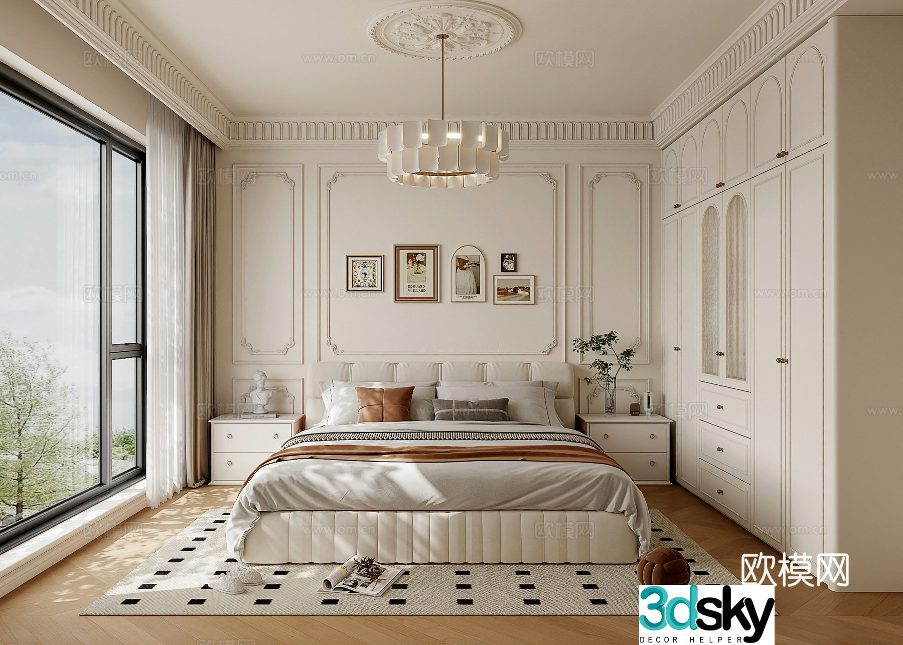 French cream style home bedroom French wardrobe French bedside background wall French double bed 3d model