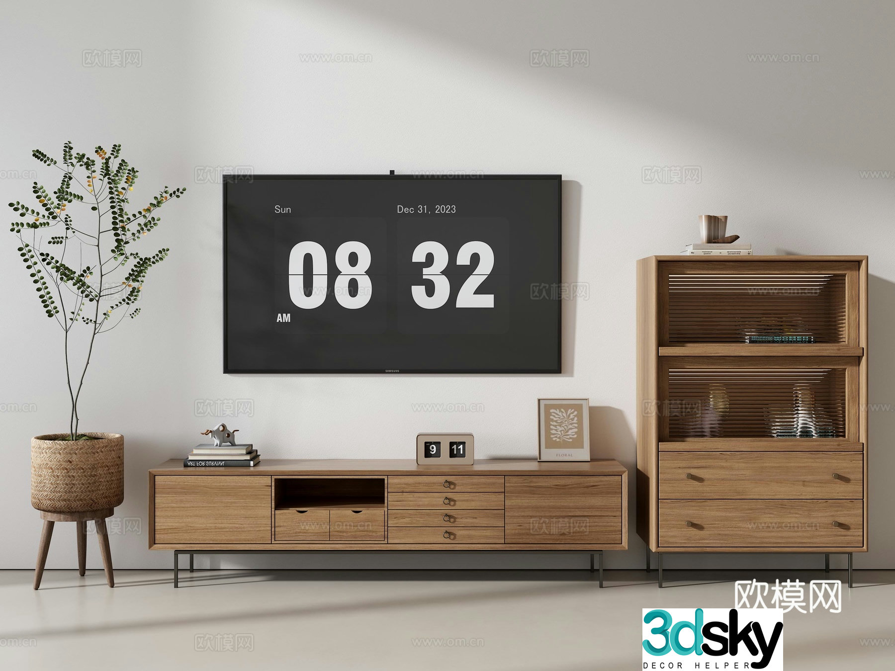Nordic TV cabinet side cabinet green plants TV set ornaments 3D model