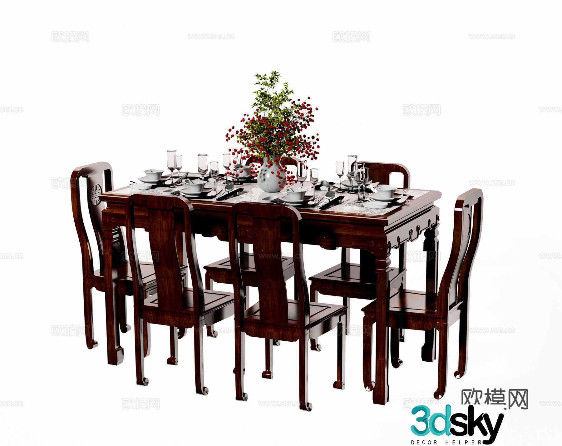 Chinese solid wood dining table and chair combination 3D model