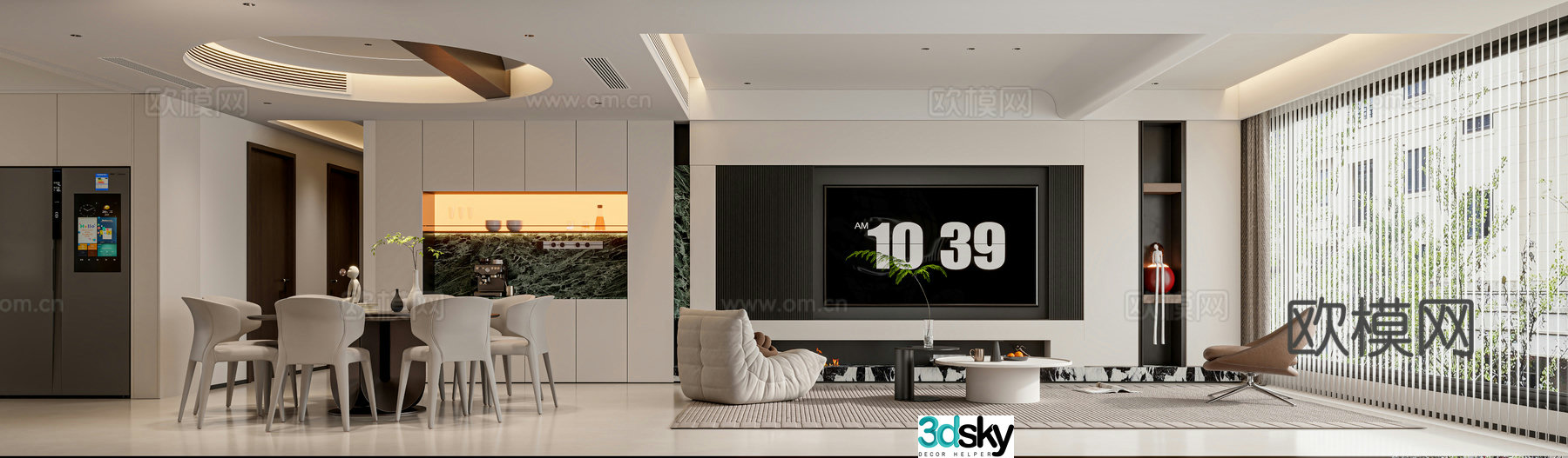 Modern living and dining room tea room 3d model
