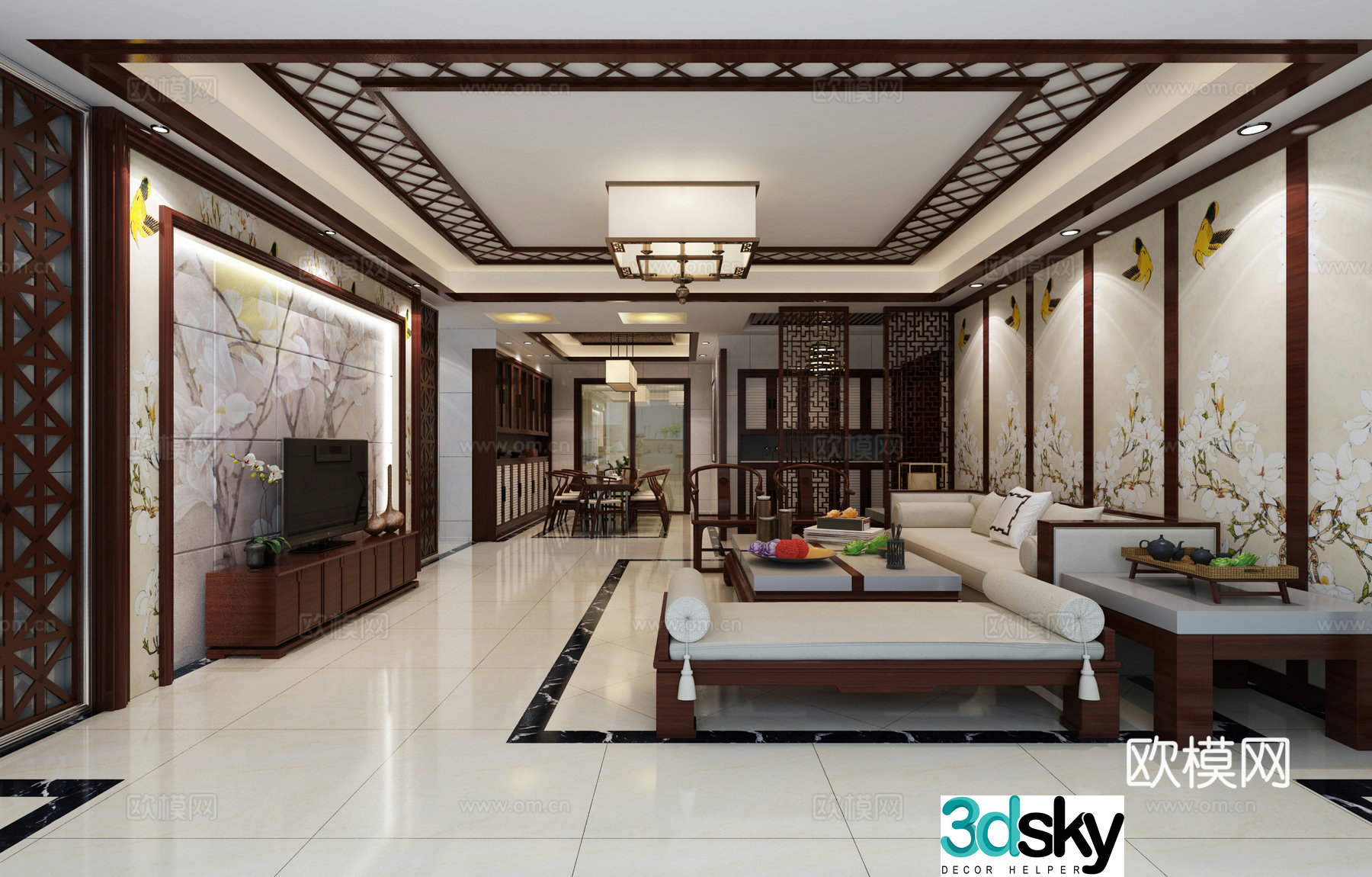 New Chinese style living and dining room chandeliers background wall multi-person sofa coffee table TV cabinet ornaments 3D model