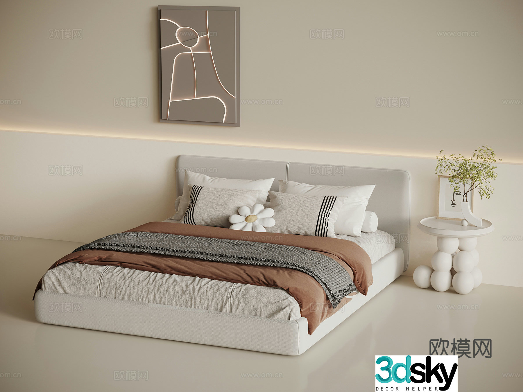 Modern cream double bed fabric double bed bed nightstand 3d model
