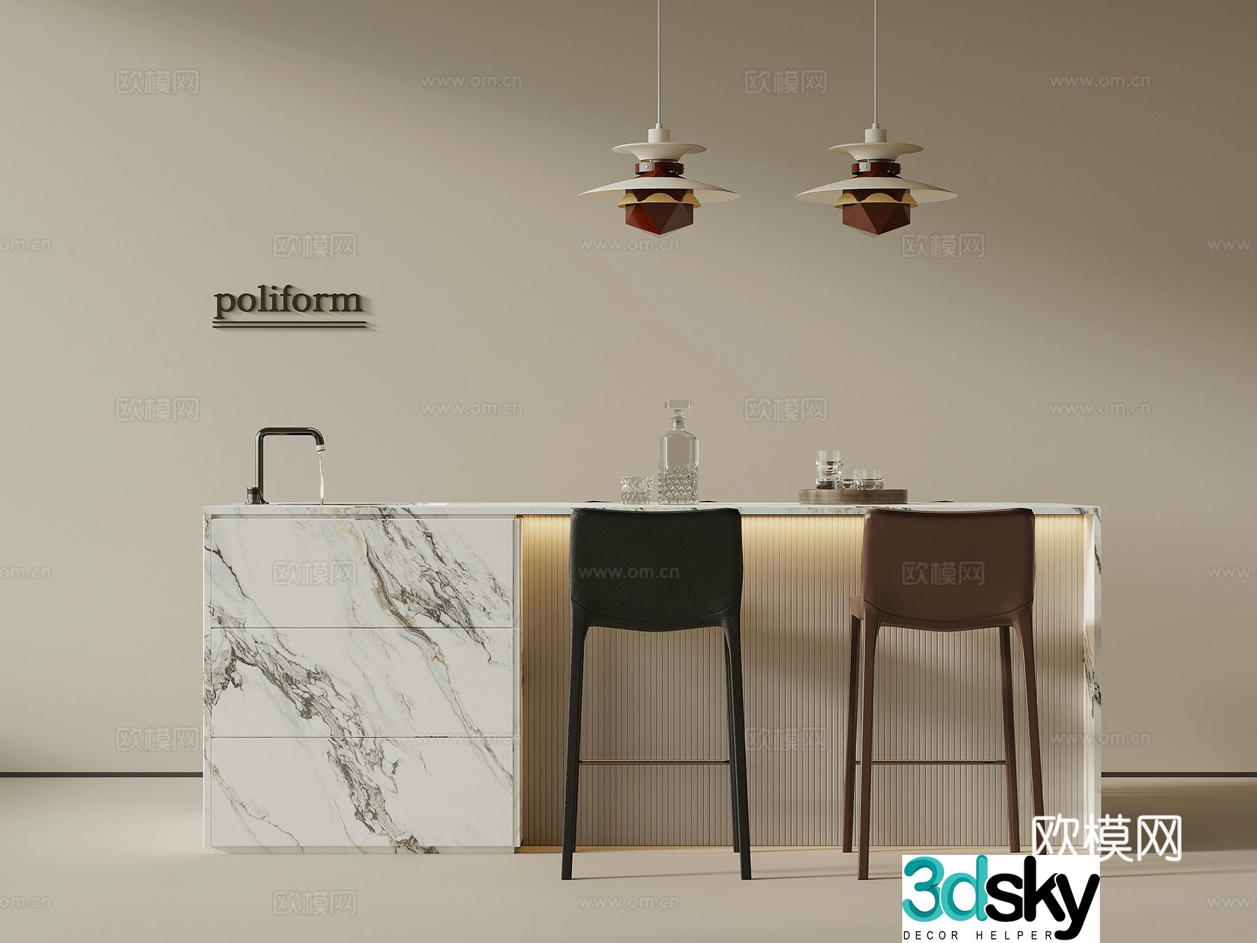 Modern island dining table and chair 3d model